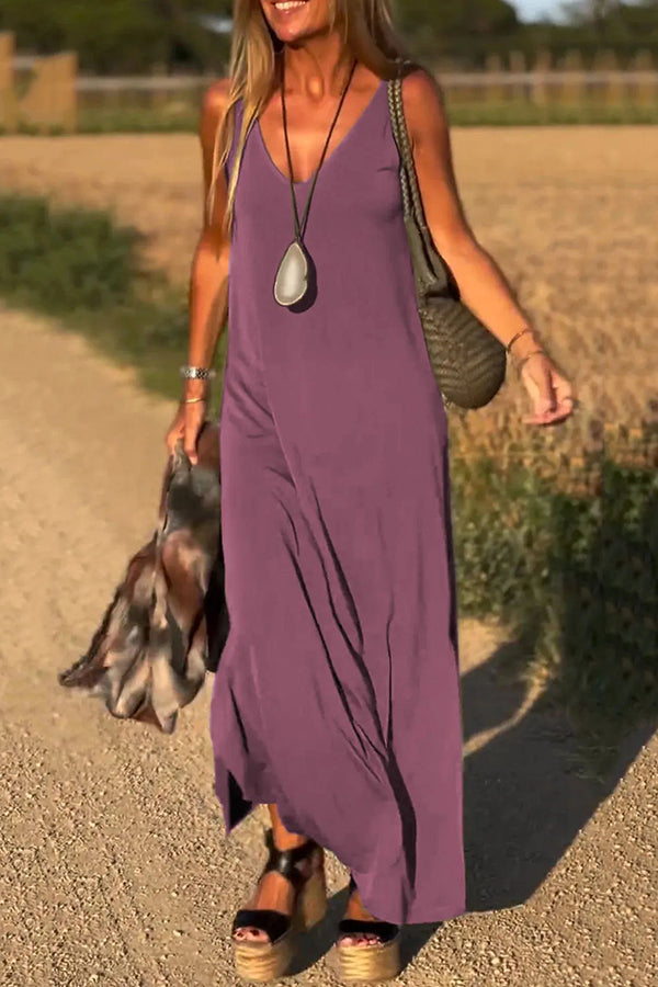 Elegant Solid Color V-Neck Sleeveless Maxi Dress - Casual Loose Fit Summer Beach Dress for Women | Perfect for Vacation, Date Night & Outdoor Events