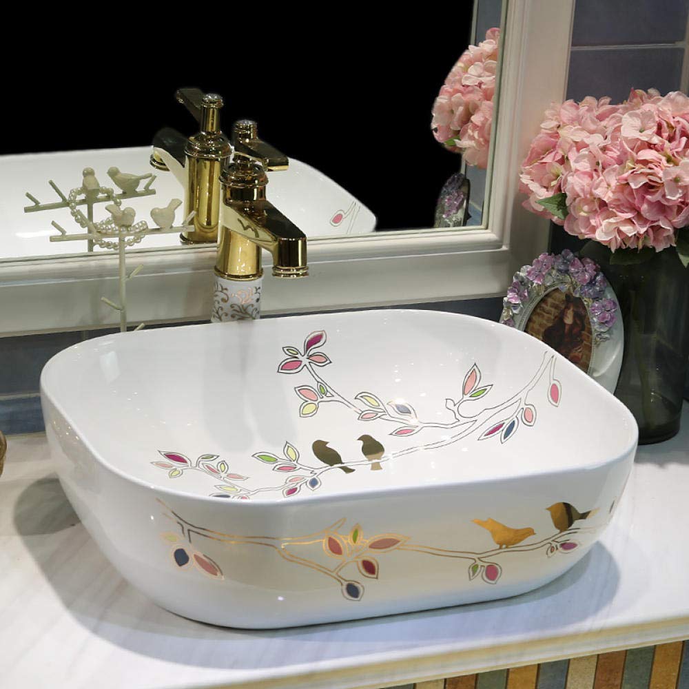 Premium Ceramic Vessel Sink - Oval Above Counter Bathroom Basin with Hand-Painted Bird Design, Jingdezhen Art Porcelain Wash Basin for Modern Vanities | Perfect for Powder Rooms, Master Baths & Luxury Home Decor
