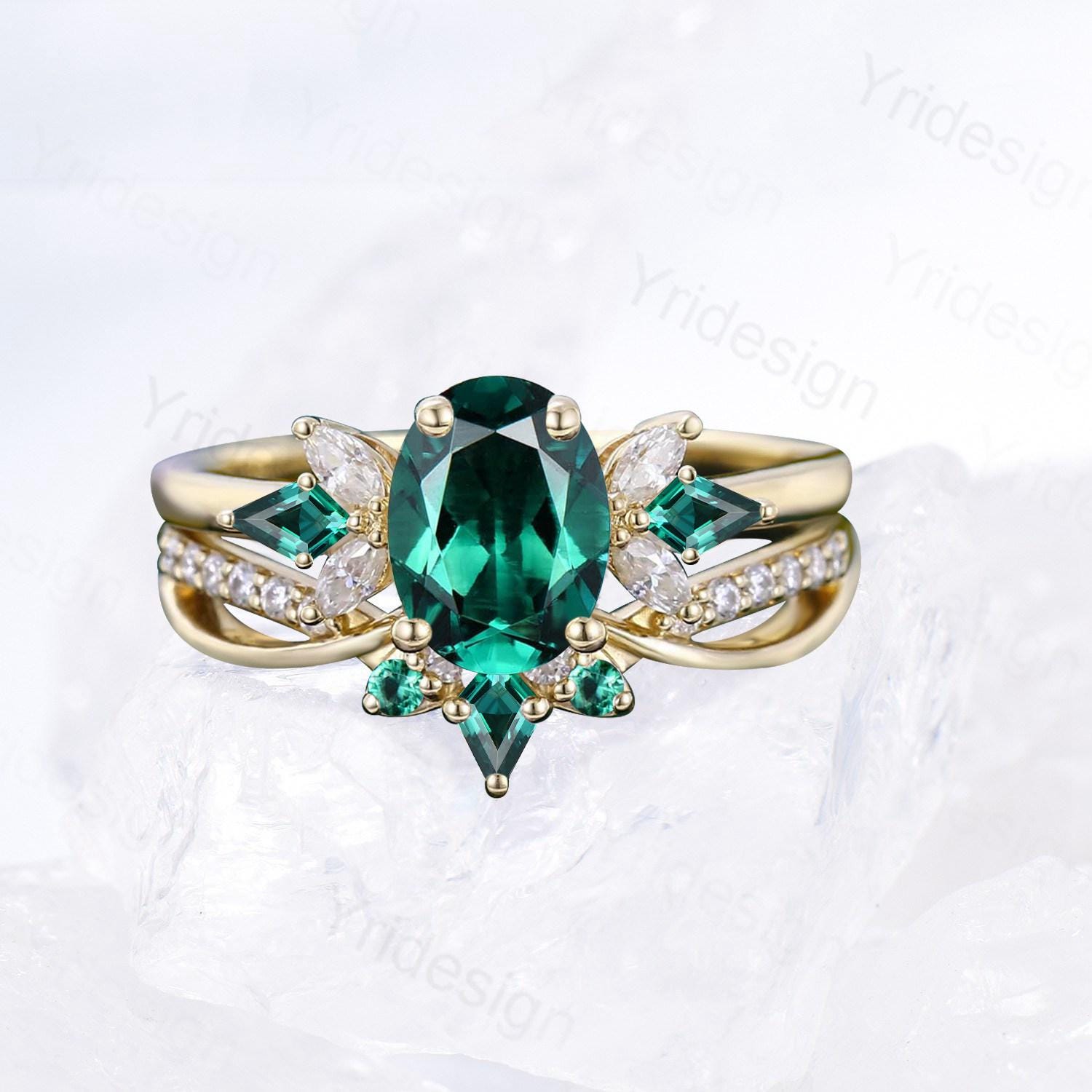 1.5 Carat Oval Emerald Wedding Ring Set - 2pc May Birthstone Bridal Ring with Infinity Lab Emerald Stacking Band - Handmade Proposal Gift for Her - Perfect for Engagement, Anniversary & Special Occasions