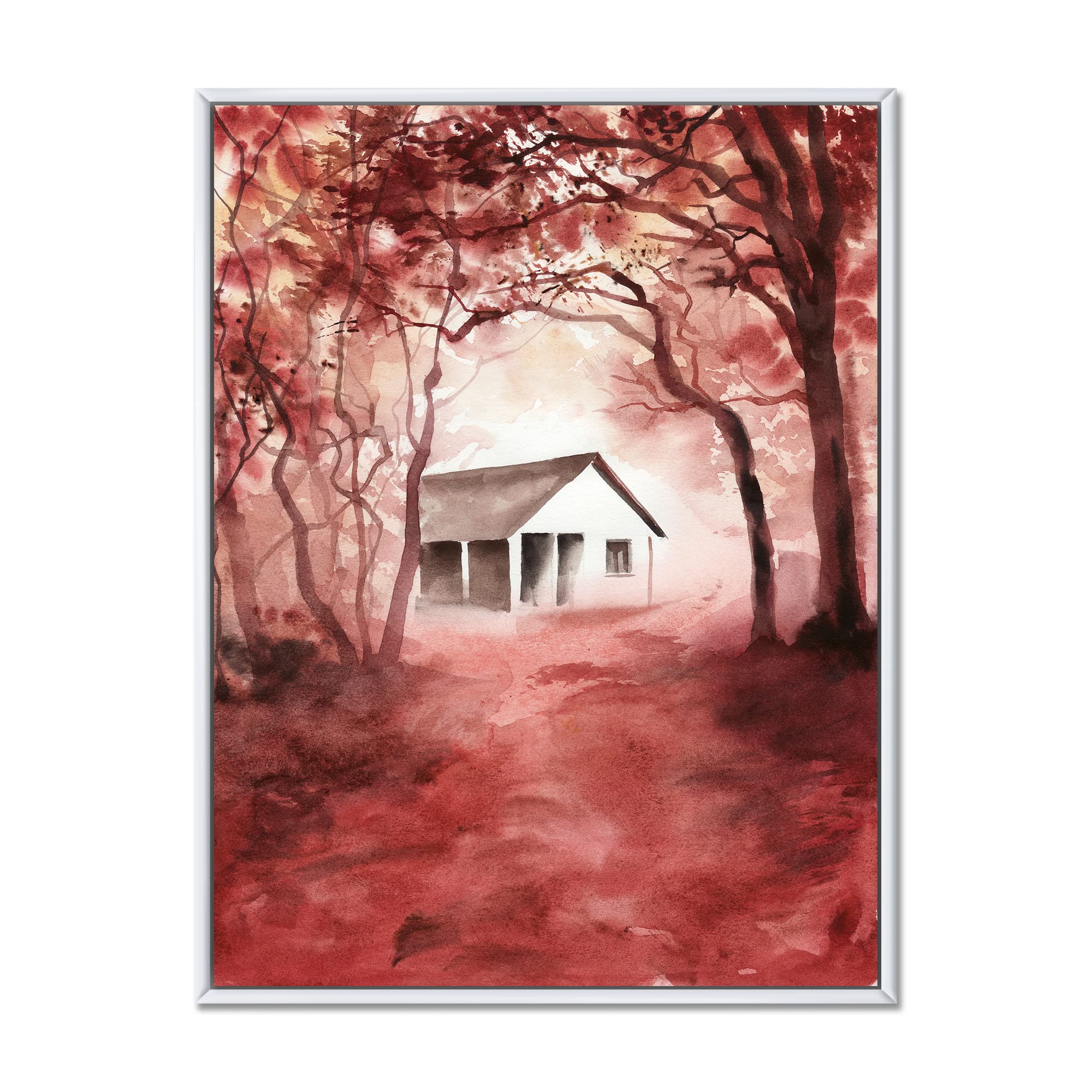 DesignQ House In Red Autumn Woods - Rustic Cabin & Lodge Framed Canvas Wall Art Print for Living Room, Bedroom, or Office Decor