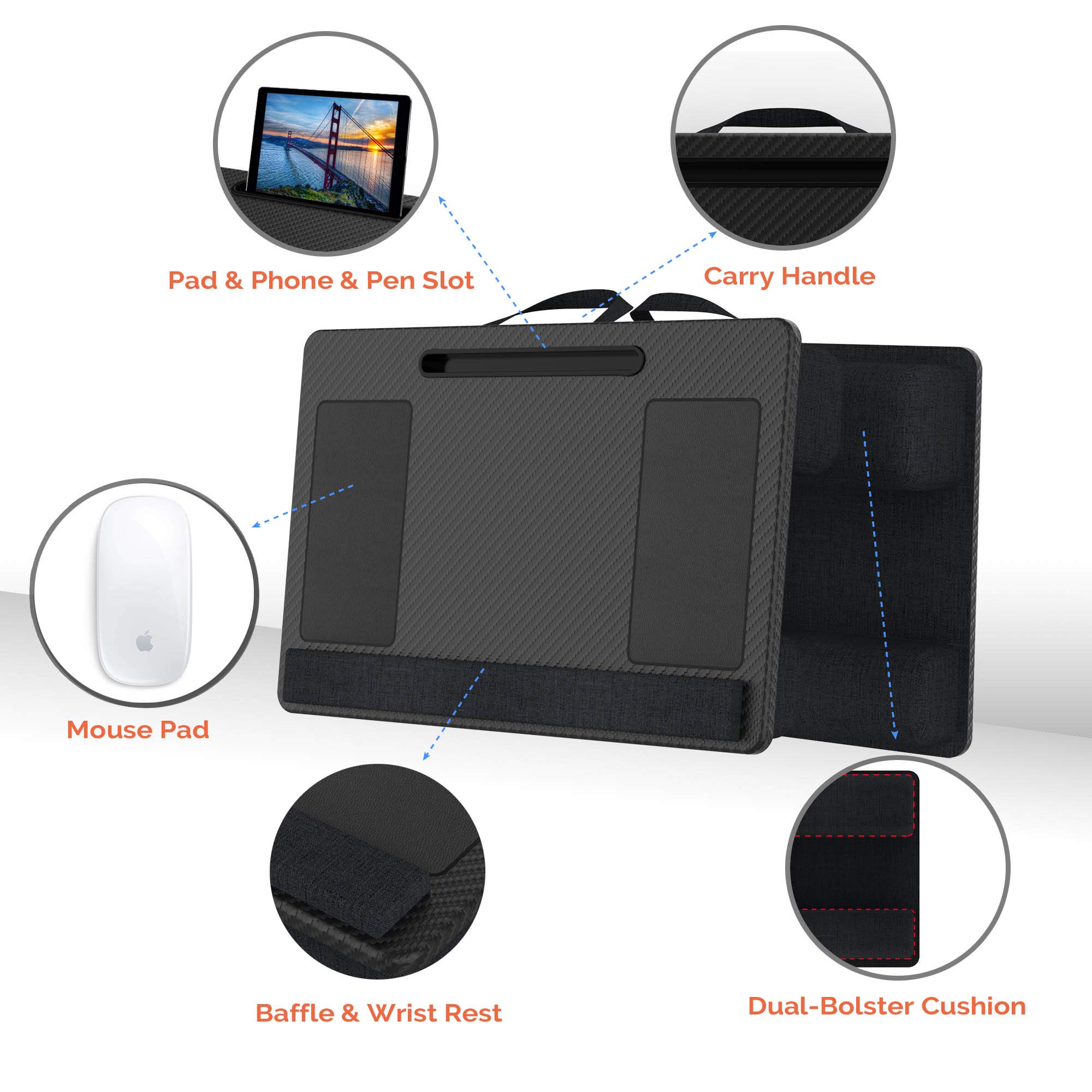 **Kavalan Portable Laptop Lap Desk for Couch & Bed - Ergonomic Lapdesk with Pillow Cushion, Handle, Phone Slot & Mousepad - Fits 17.3