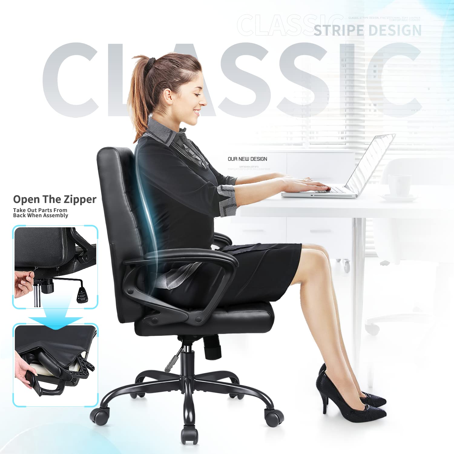 Devoko Mid Back Office Chair - PU Leather Executive Desk Chair with Padded Arms, Swivel & Rolling Wheels - Ergonomic Computer Task Chair for Home & Office Workspace (Black) - Perfect for Long Hours of Sitting, Gaming, and Remote Work