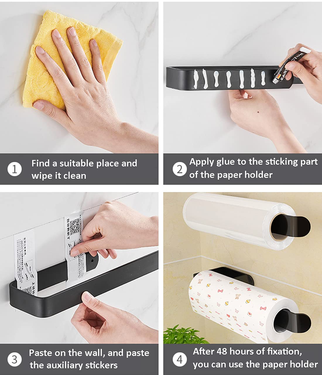 Under Cabinet Paper Towel Holder - Self Adhesive Matte Black Set of 2, 13 Inch Durable Aluminum Alloy - Perfect for Kitchen, Bathroom, Patio & RV Use