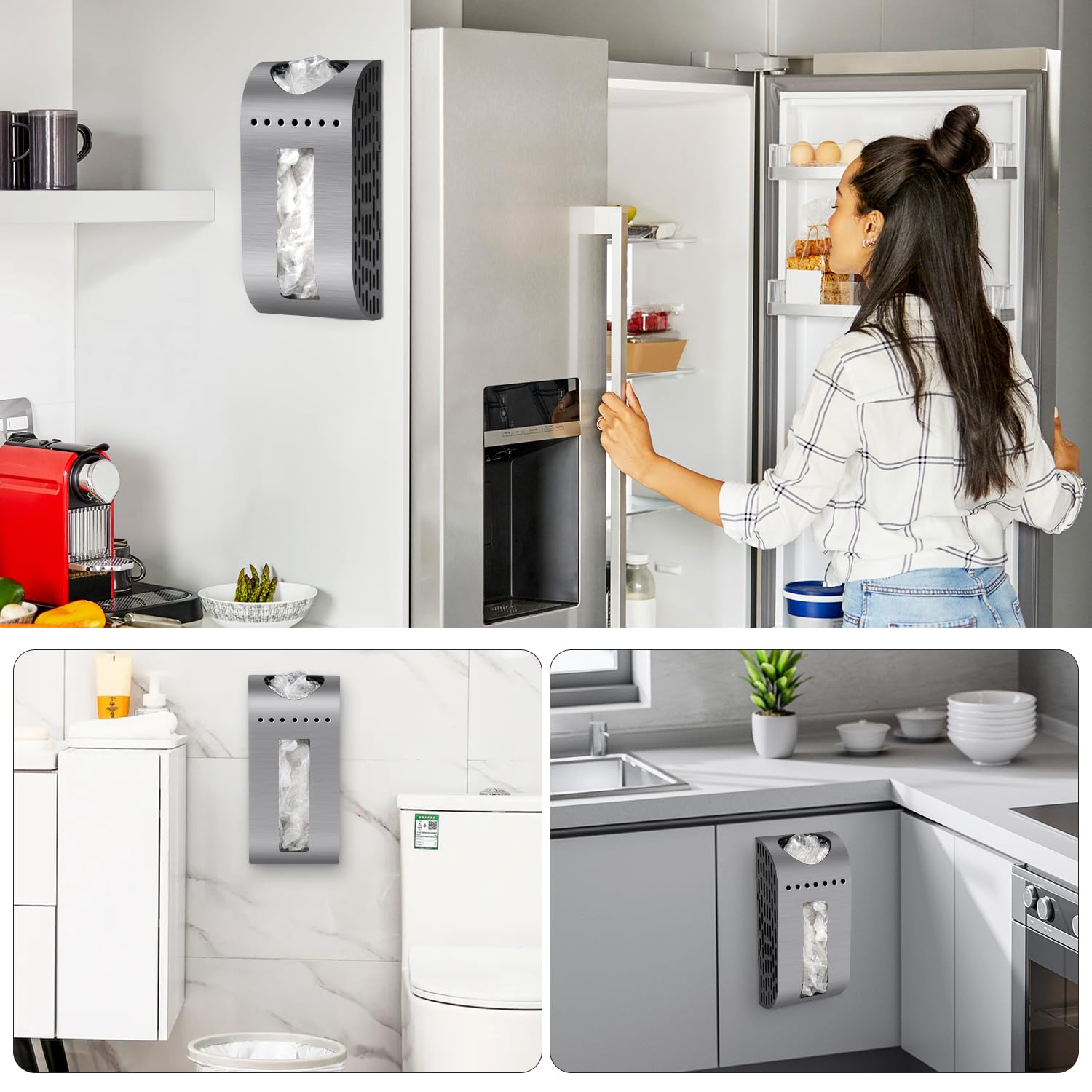 Wall Mount Grocery Bag Holder - Space Saving Plastic Bag Dispenser with Anti-Fingerprint Brushed Silver Finish - Perfect for Kitchen Cabinet, Cupboard & Pantry Organization - Ideal for Storing Shopping Bags, Trash Bags & Recycling Bags