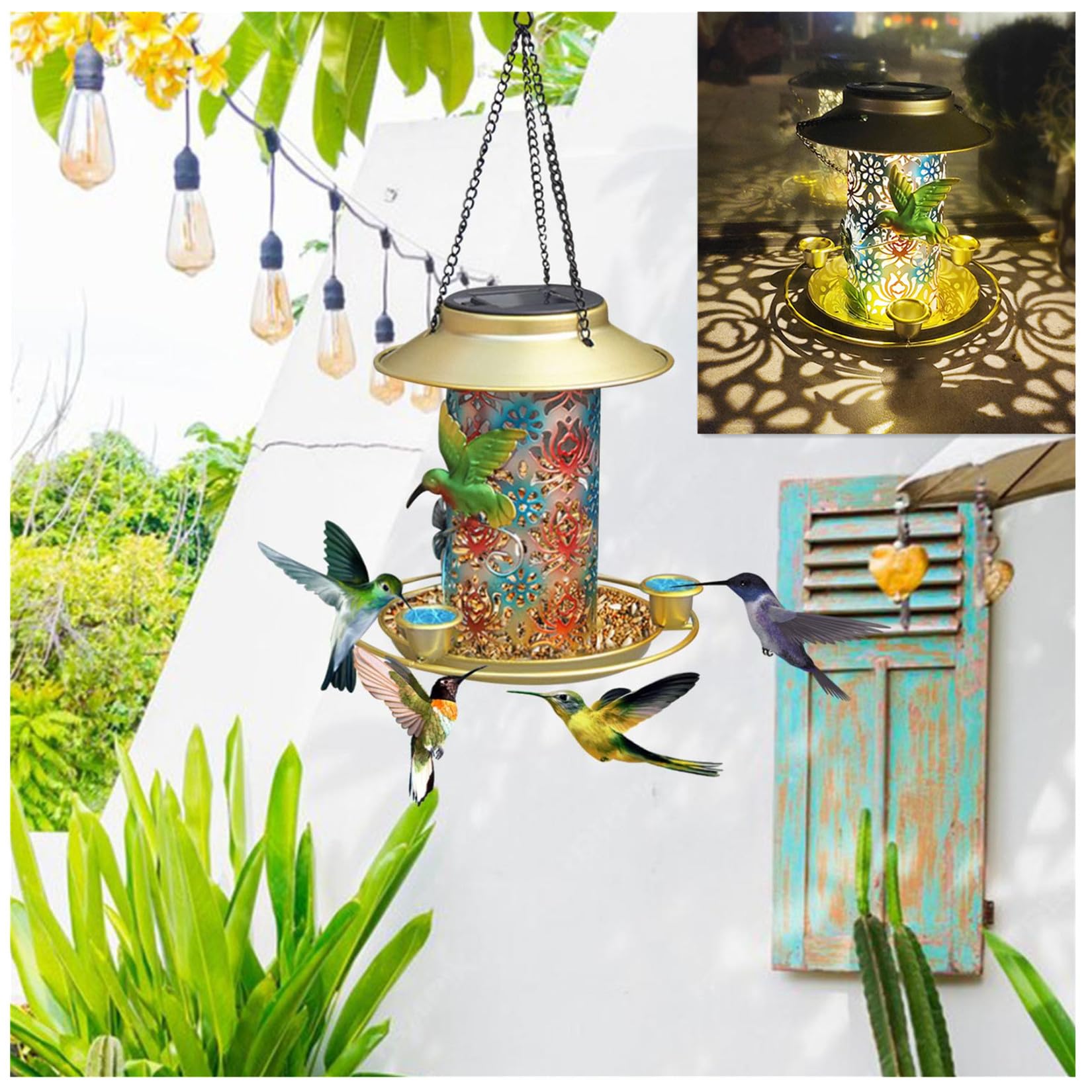 Solar-Powered Hanging Bird Feeder with LED Light - Outdoor Metal Wrought Iron Antique Decor for Garden, Patio, and Backyard - Attracts Wild Birds While Illuminating Your Outdoor Space