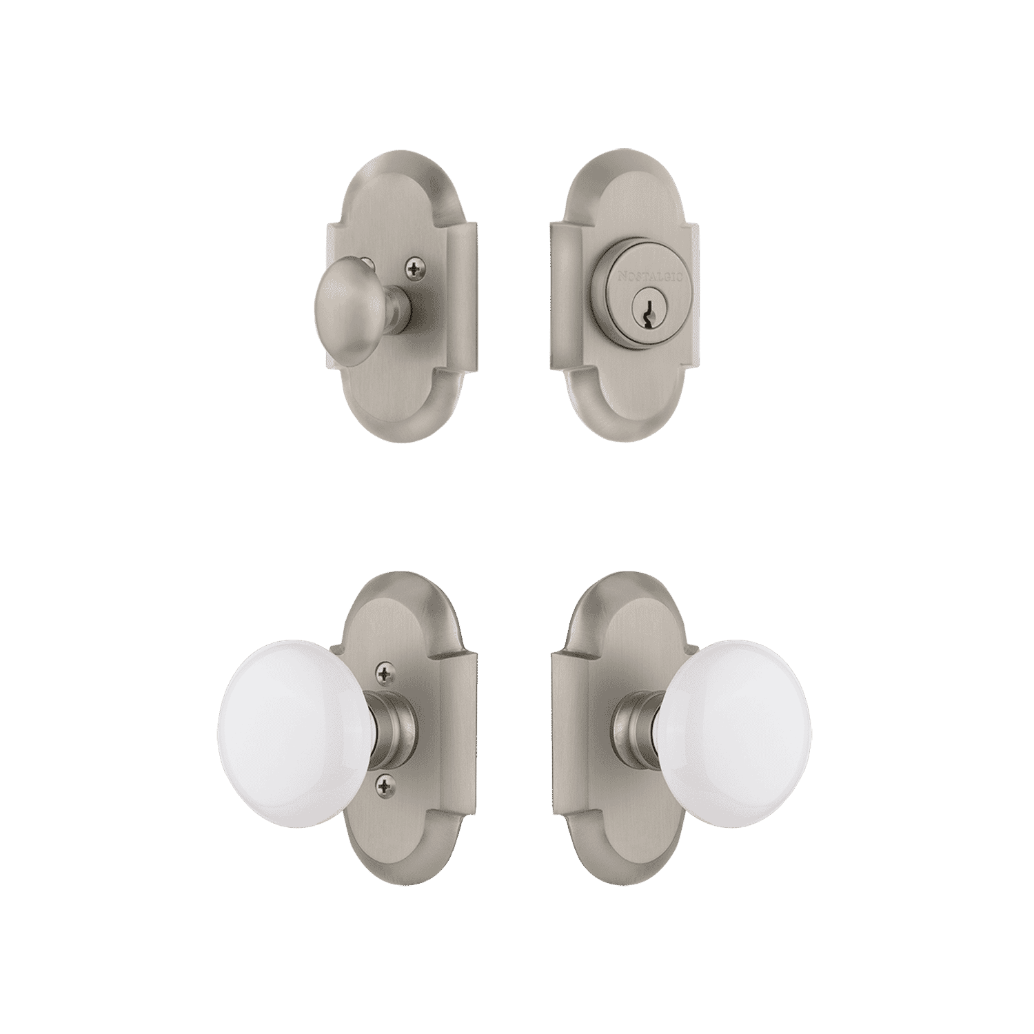 Vintage Cottage Entry Door Set with White Porcelain Knob in Satin Nickel Finish - Perfect for Farmhouse, Rustic & Traditional Home Entryways
