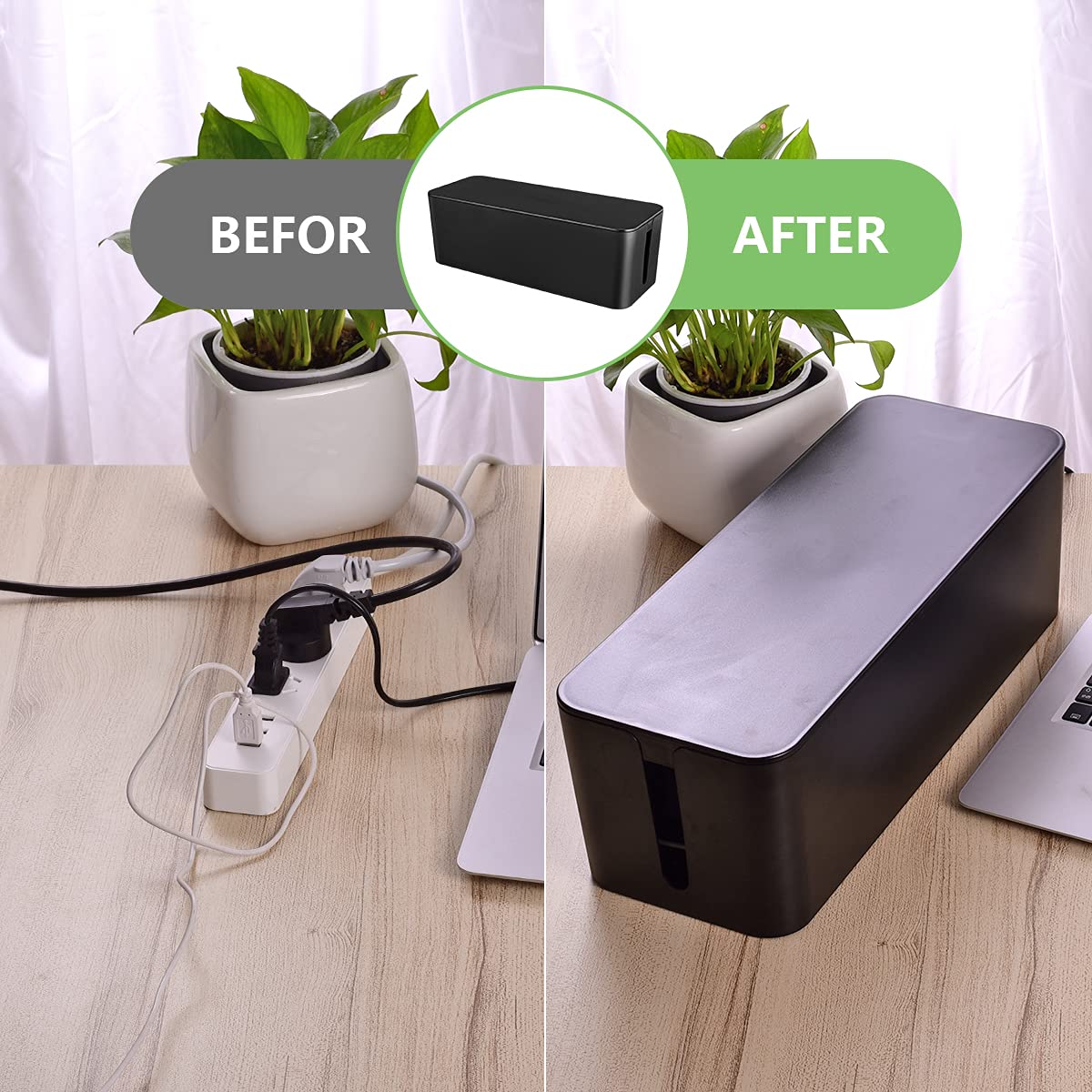 Large Cable Management Box - Cord Organizer to Hide Power Strips & Wires Under Desk/TV/Computer - Includes Cable Clips & Reusable Ties - Perfect for Home & Office Organization (Black) - Ideal for Living Room, Bedroom, Gaming Setup and Workspace Cable Management