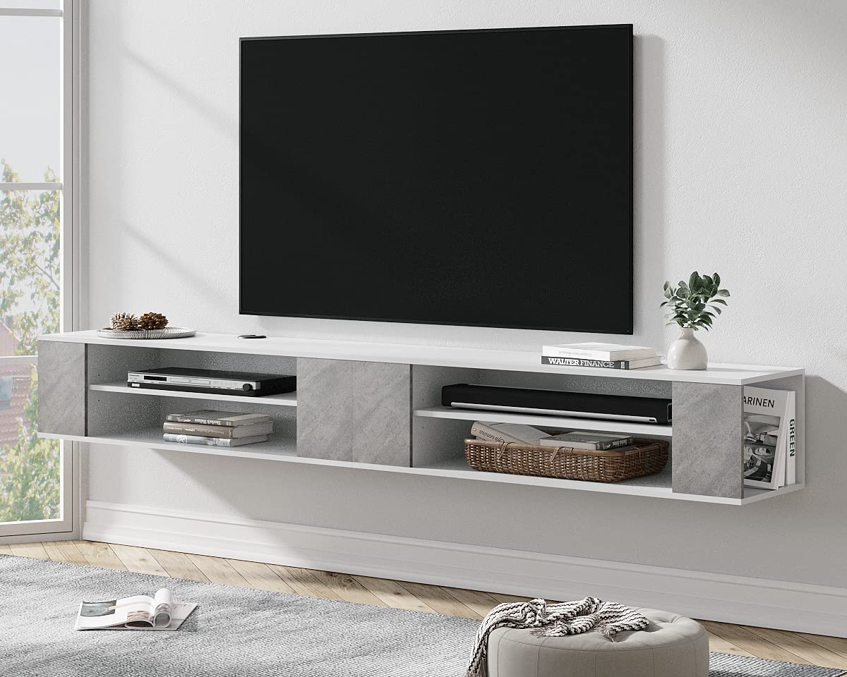 WAMPAT 79 Inch Floating TV Stand for 75 Inch TVs - Modern Wall Mounted Entertainment Center with Wood Storage Hutch - Space Saving TV Cabinet for Living Room (Grey & White) - Perfect for Small Spaces & Home Theater Setup
