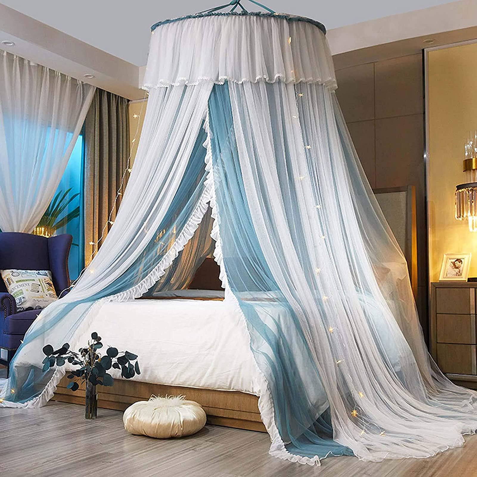 Lace Bed Canopy with Mosquito Net for Kids, Girls & Adults - Double Layer Polyester Sheer Mesh Princess Dome Bed Curtain - Fits Single, Double & Queen Size Beds (4 Feet) - Perfect for Bedroom Decor, Romantic Nights & Child's Dreamy Sleep Space