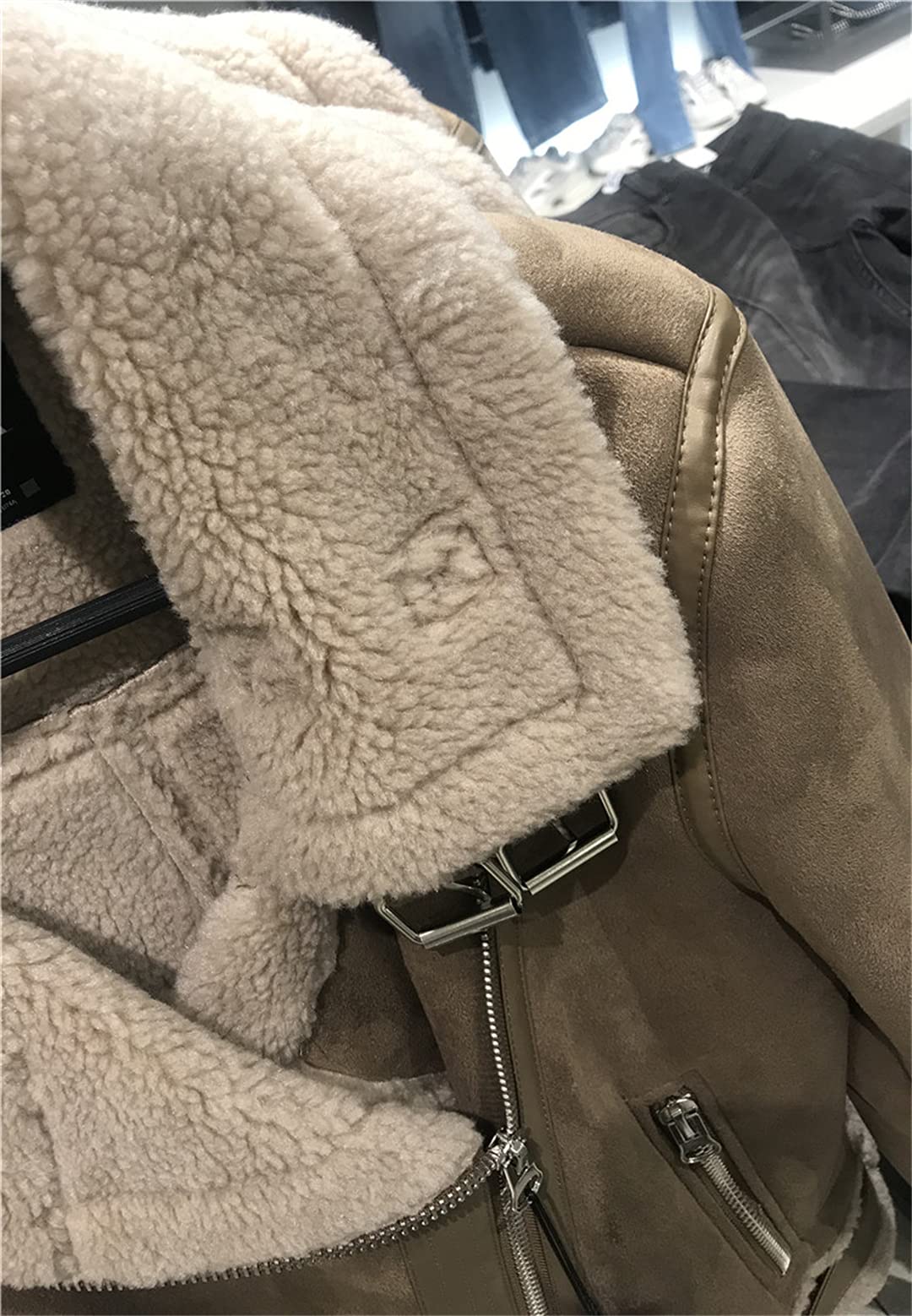 Women's Faux Suede Leather Jacket - Winter Warm Thick Loose Fit Motorcycle Coat with Faux Lamb Wool Lining | Stylish Outerwear for Casual, Biker & Everyday Wear