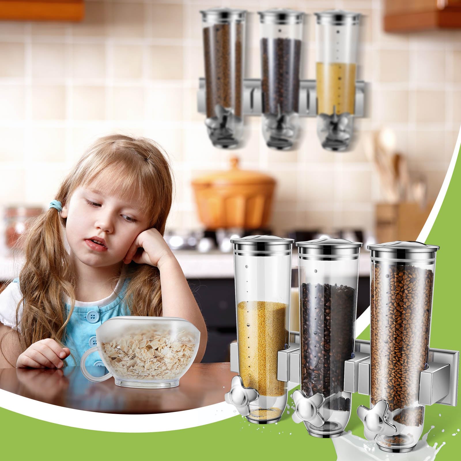 Umigy Triple Dry Cereal Dispenser - Wall Mounted 39oz Food Storage Container for Pantry, Kitchen & Snacks with 3 Measuring Cups (Silver) | Perfect for Cereal, Nuts, Candy & Bulk Food Organization