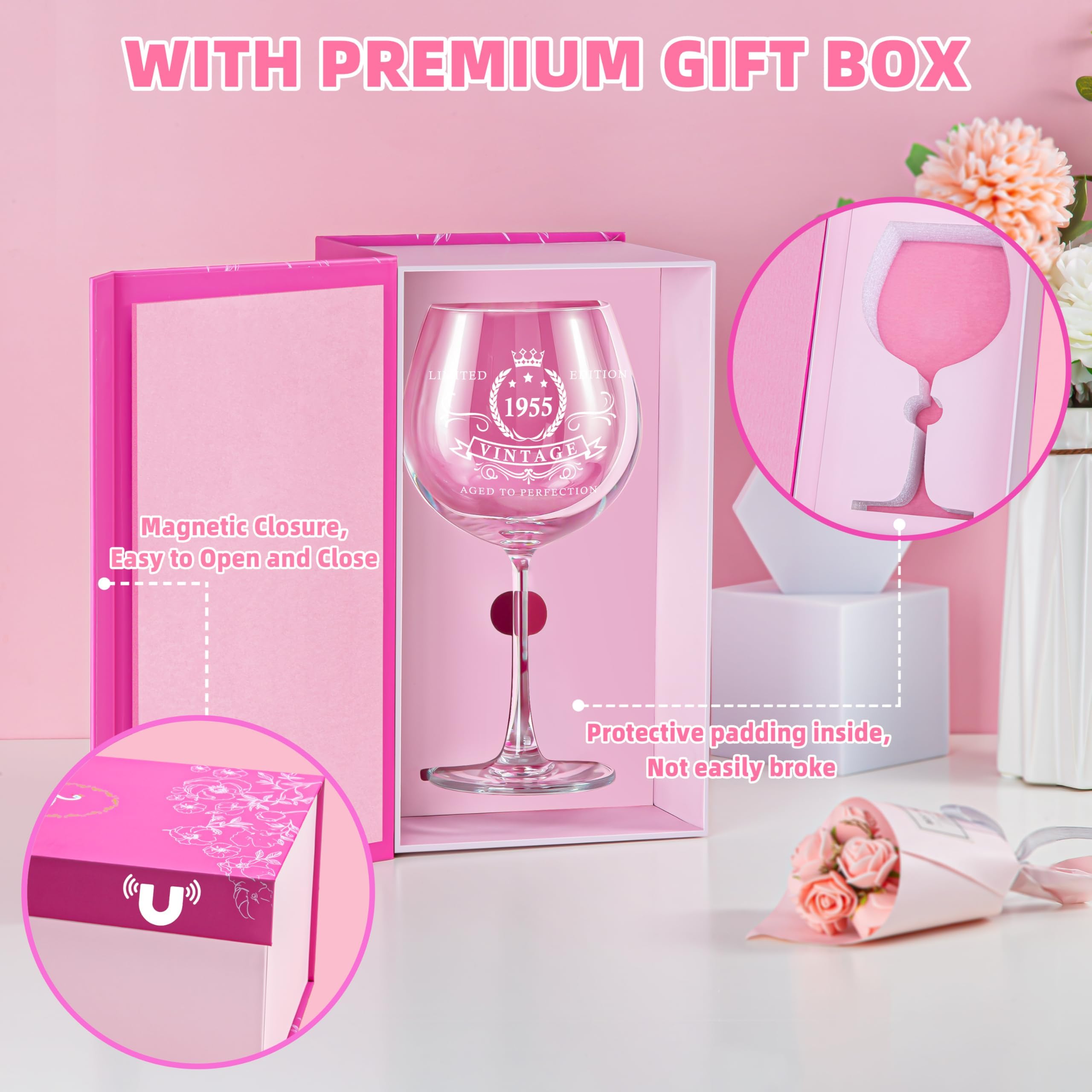1955 70th Birthday Wine Glasses Set - Elegant 70th Birthday Gifts for Women, Wife, Mom, Sister - Perfect for Celebrations, Parties & Anniversary Decorations