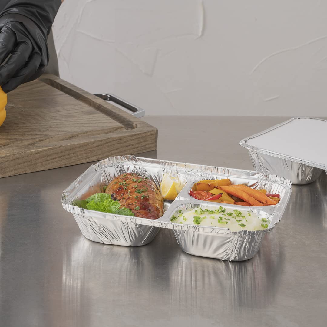 Restaurantware Foil Lux 23oz Aluminum Food Storage Containers - 100-Pack 3-Compartment Rectangle Pans for Baking, Meal Prep & Leftovers (Lids Sold Separately) | Durable & Reusable for Catering, Restaurants & Home Cooking