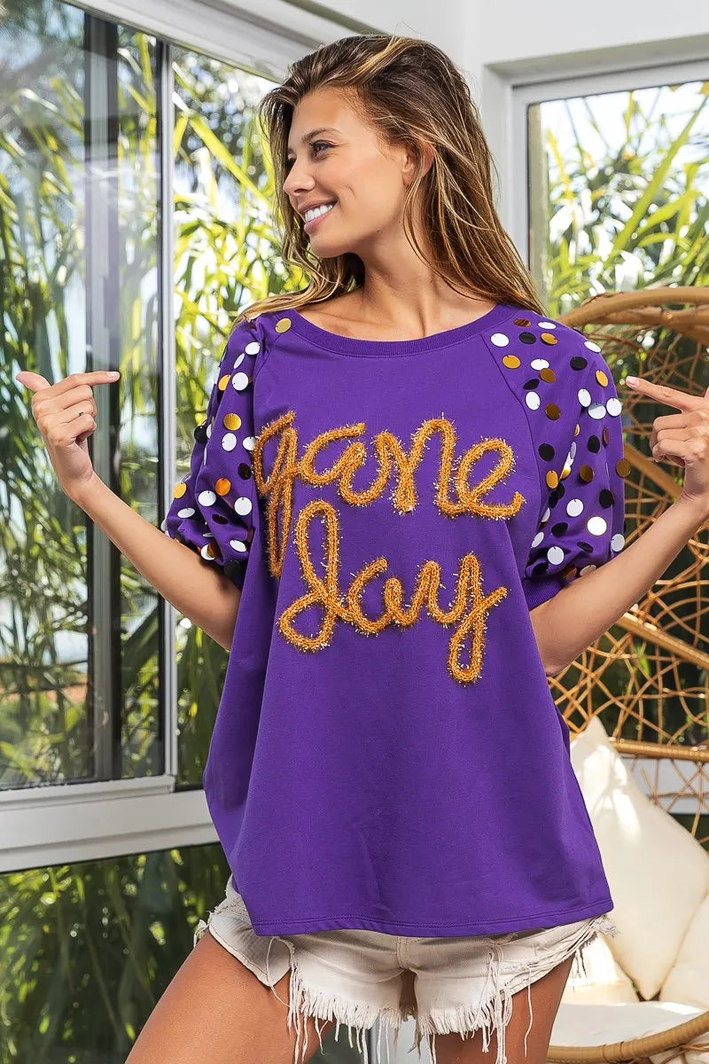 BiBi Game Day Metallic Letter Spangle Sleeve Top - Stylish Women's Party Blouse for Football Games, Concerts & Night Out