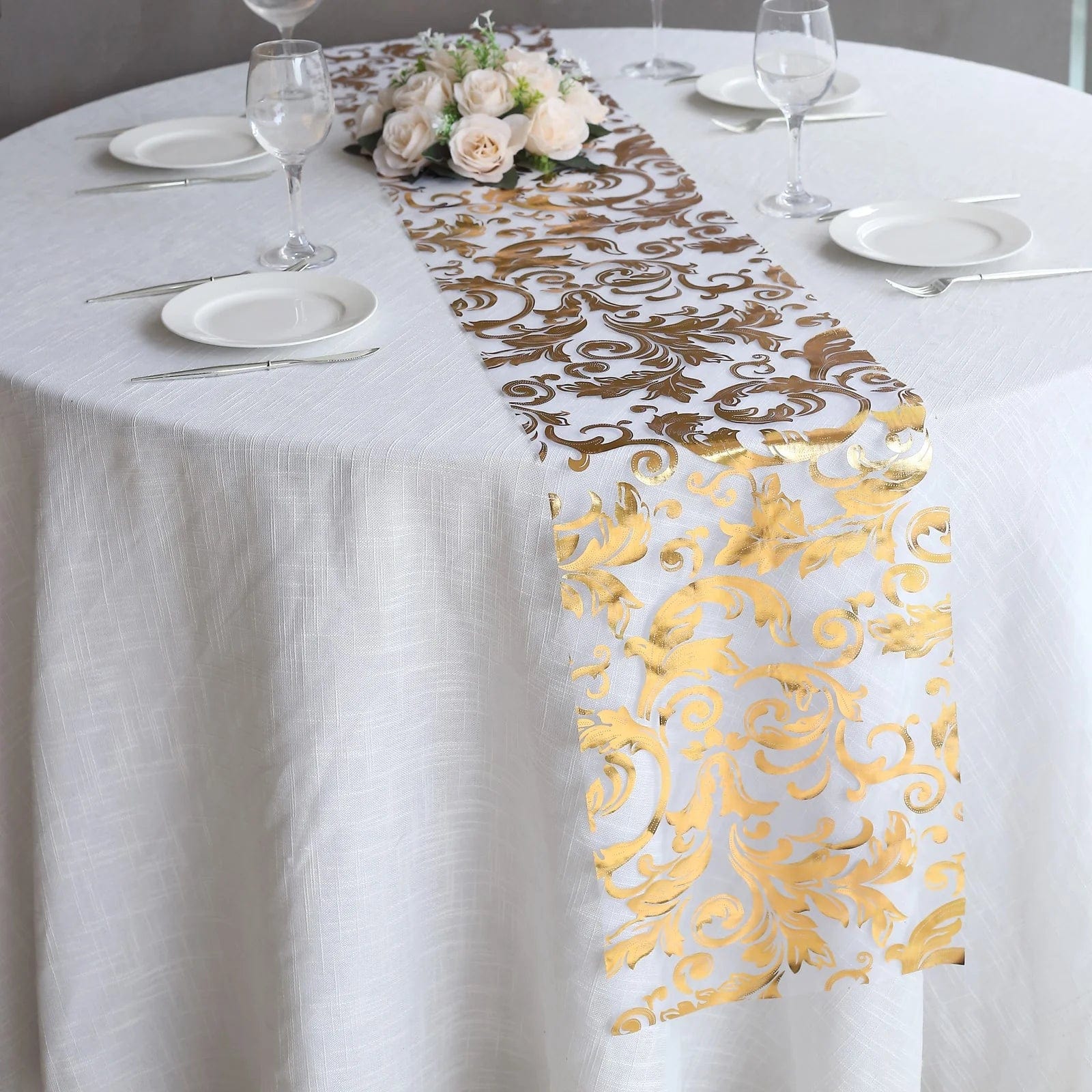 12-Pack 108-Inch Metallic Sheer Organza Table Runners with Elegant Swirl Floral Design - Perfect for Weddings, Parties, and Holiday Decorations