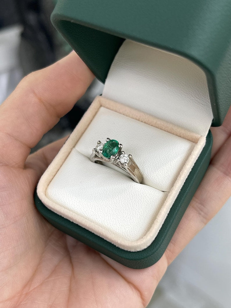 1.50tcw 14K White Gold Oval Emerald & Diamond Three Stone Right Hand Ring for Women - Elegant Jewelry Gift for Anniversary, Birthday & Special Occasions