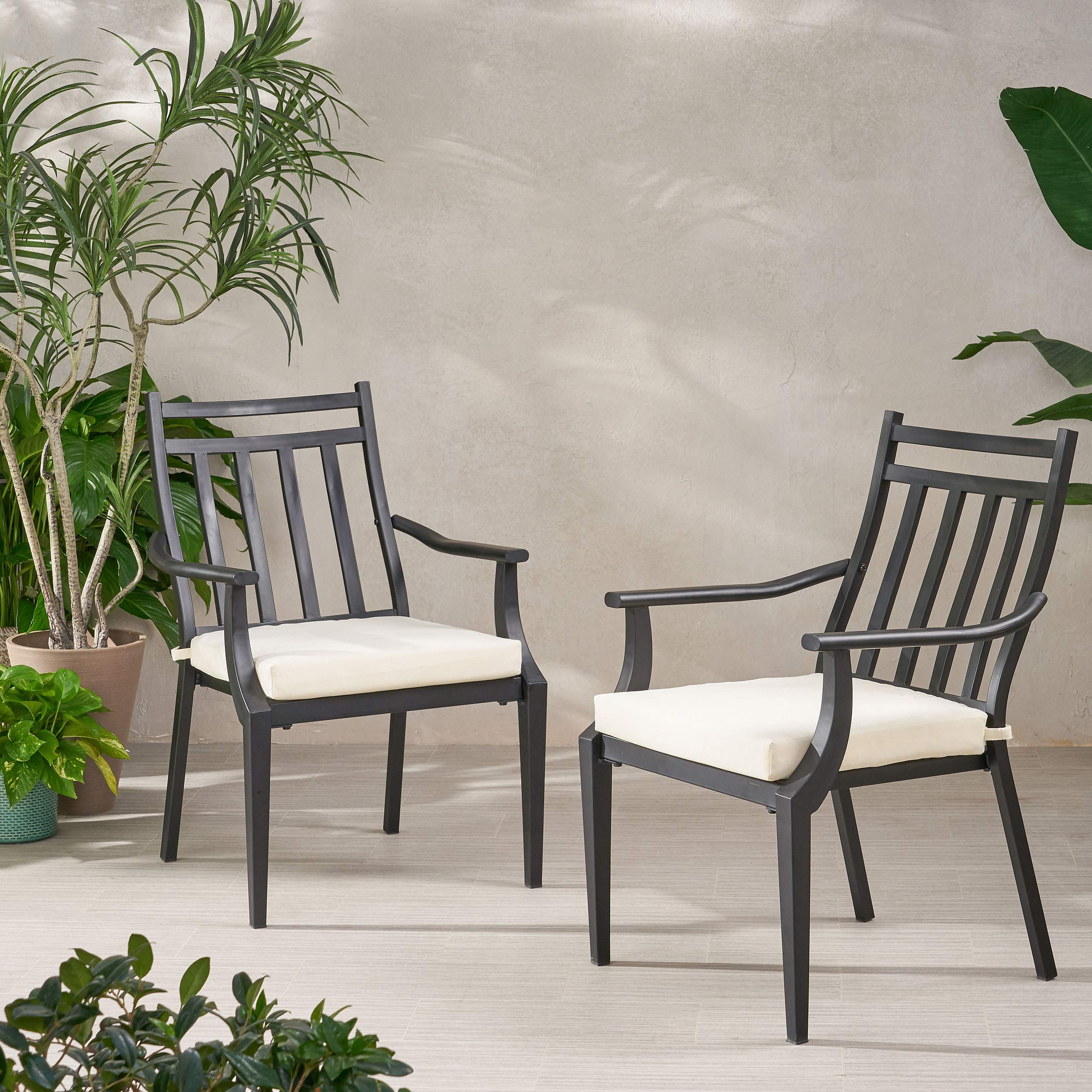 Christopher Knight Home Faithe Outdoor Dining Chairs (Set of 2) - Matte Black & Beige Weather-Resistant Patio Furniture for Garden, Poolside, and Backyard Dining