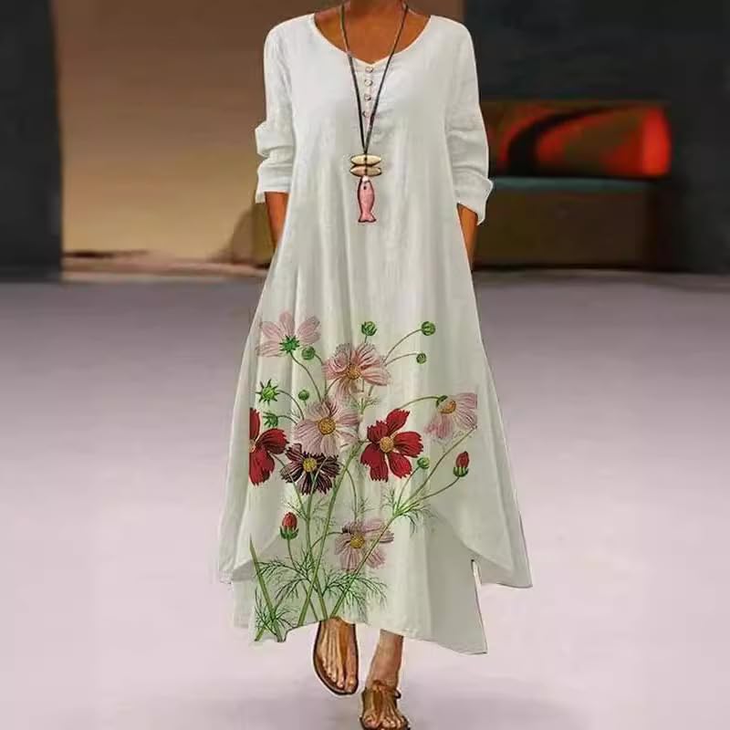 Boho Linen Maxi Dress with Long Sleeves & Floral Print - Flowy Irregular Hem Summer Dress for Women | Perfect for Beach Vacations, Music Festivals & Boho-Chic Outfits
