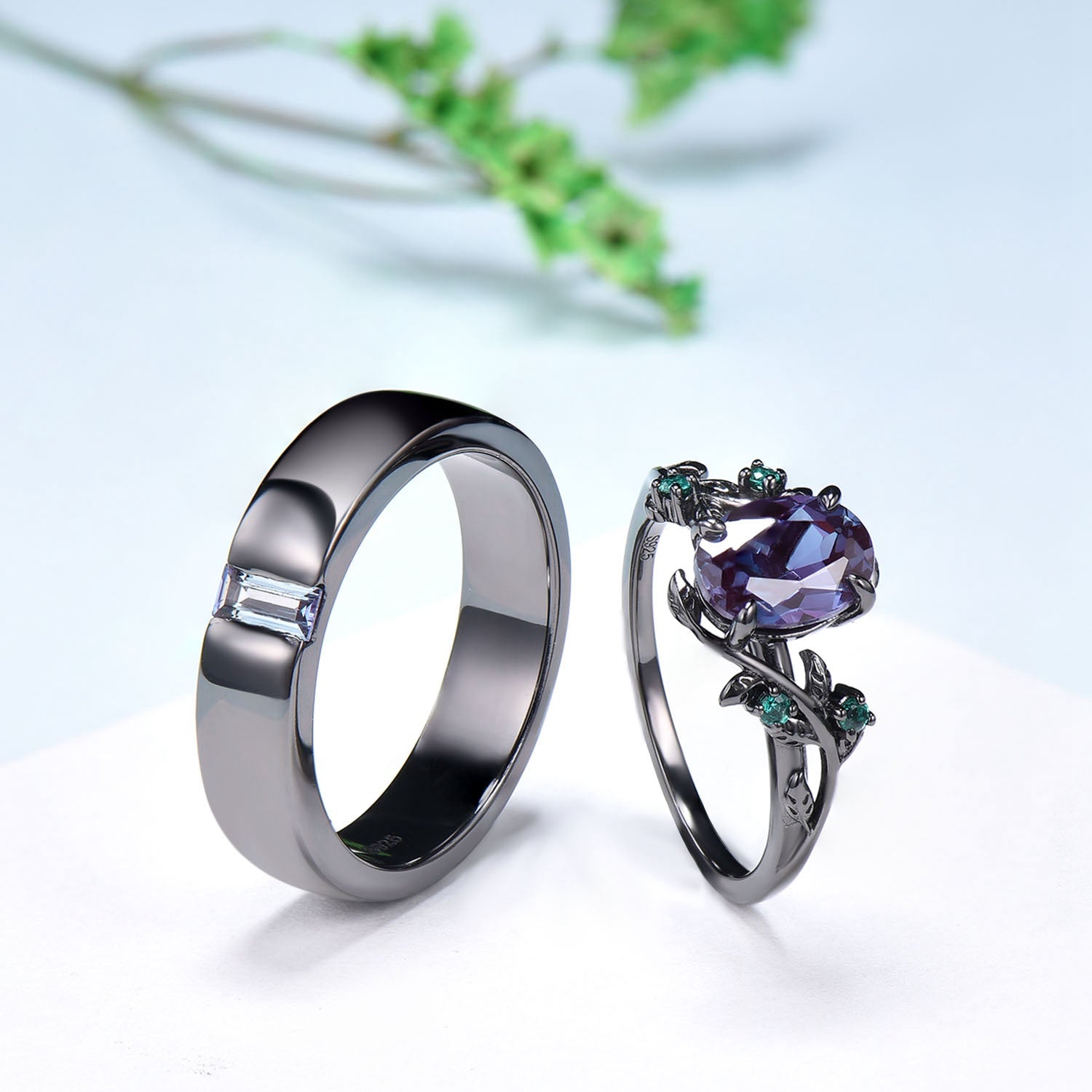 14K Black Gold Alexandrite Couple Ring Set - His & Hers Wedding Bands, Nature-Inspired Twig Design Engagement Rings for Men & Women - Perfect Promise Gift for Anniversaries, Proposals & Romantic Occasions