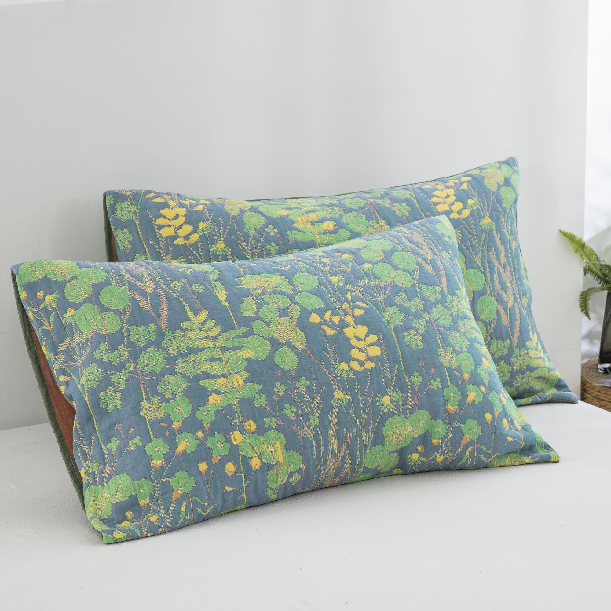 Premium 100% Cotton Muslin Pillow Shams Set of 2 - Jacquard Floral Botanical Print Pillow Covers, Soft 3-Layer Gauzy Reversible Pillow Protectors (20