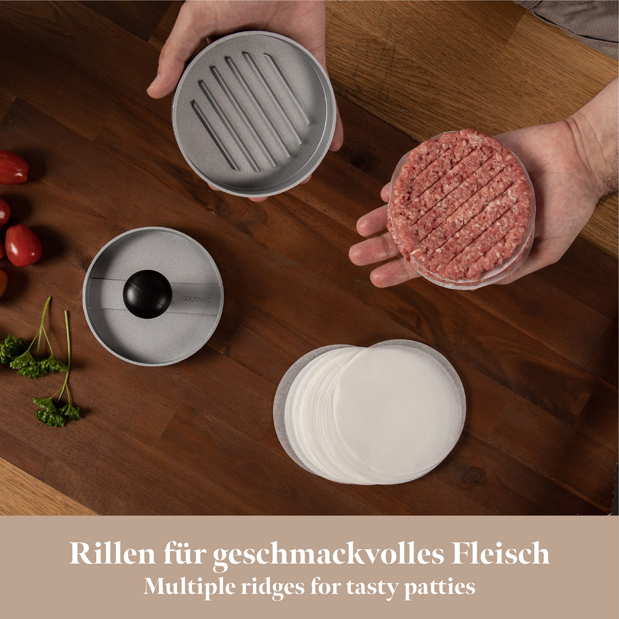 GOURMEO Cast Aluminum Hamburger Press with Non-Stick Coating + 30 Non-Stick Sheets | Burger Maker for Perfect Homemade Patties | Ideal for BBQ, Picnics, and Home Cooking