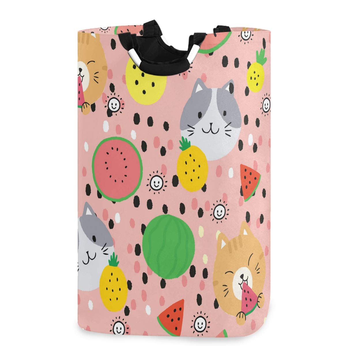 Emelivor Large Collapsible Laundry Basket with Handles - Cute Cartoon Summer Cat & Fruits Design, Waterproof Laundry Hamper for Home, Nursery, Dorm Room - Perfect for Bedroom Storage & Kids' Laundry Organization