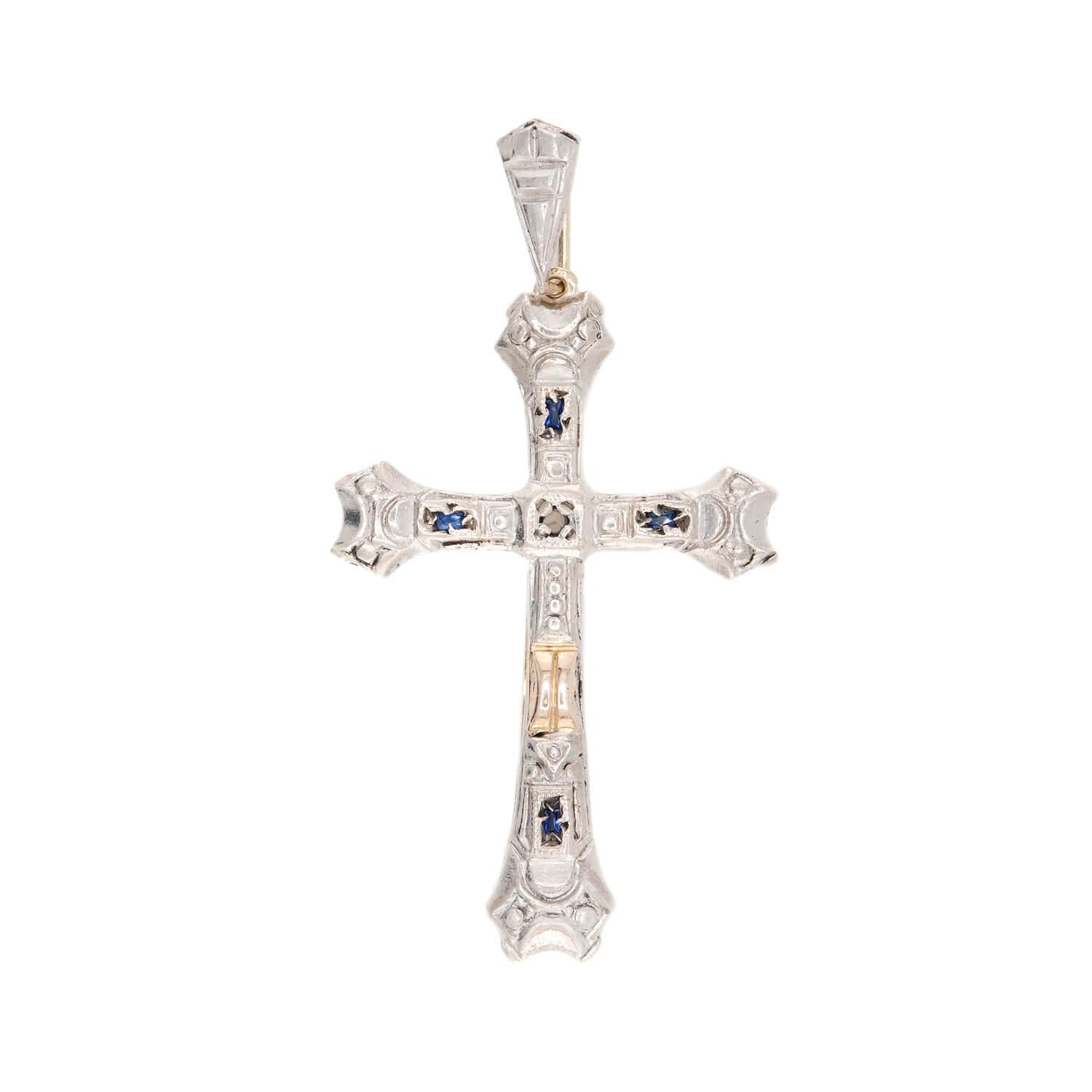 Edwardian 18k Platinum Sapphire Cross Pendant Necklace - Vintage Antique Jewelry for Women - Perfect for Weddings, Anniversaries & Special Occasions