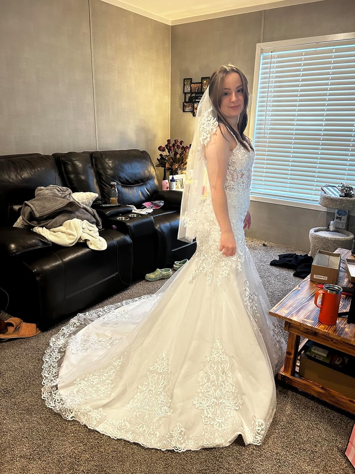 Elegant Lace Applique Wedding Dress for Bride - Spaghetti Straps Mermaid Bodycon Bridal Gown with Train - Perfect for Beach, Church, and Formal Weddings