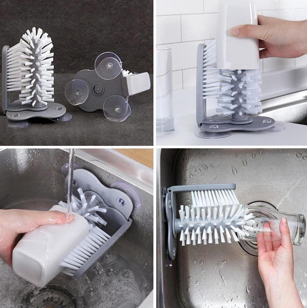 Rotating Kitchen Cup Brush with Suction Base - Glass Bottle & Wine Glass Cleaner for Bar, Home Sink - Gray Dishwashing Tool (1PC) | Perfect for Cleaning Beer Mugs, Red Wine Glasses & Hard-to-Reach Bottles