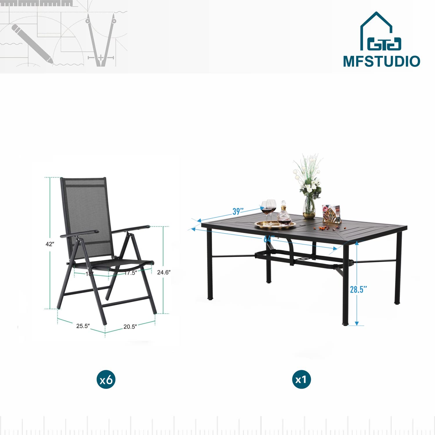 MFSTUDIO 6-Piece Outdoor Dining Set - Adjustable Height Aluminum Folding Chairs with Heavy-Duty Black Metal Table - Patio Furniture for Backyard, Garden & Poolside Dining