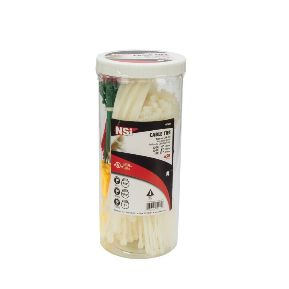 650-Piece Cable Tie Canister Pack - Heavy Duty Nylon Zip Ties for Organizing Wires, Cords & DIY Projects - Ideal for Home, Office & Workshop Use