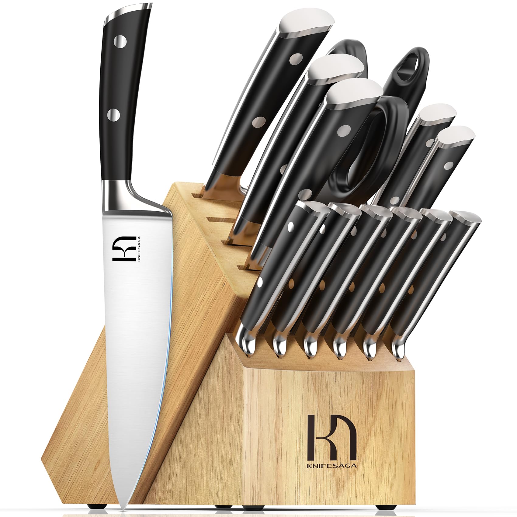 2024 Upgraded 15-Piece Japanese Knife Set - Premium High Carbon Stainless Steel Kitchen Knives with Sharpener & Natural Wood Block - Razor Sharp Blades for Professional Chefs & Home Cooking - Perfect for Slicing, Dicing, and Food Preparation