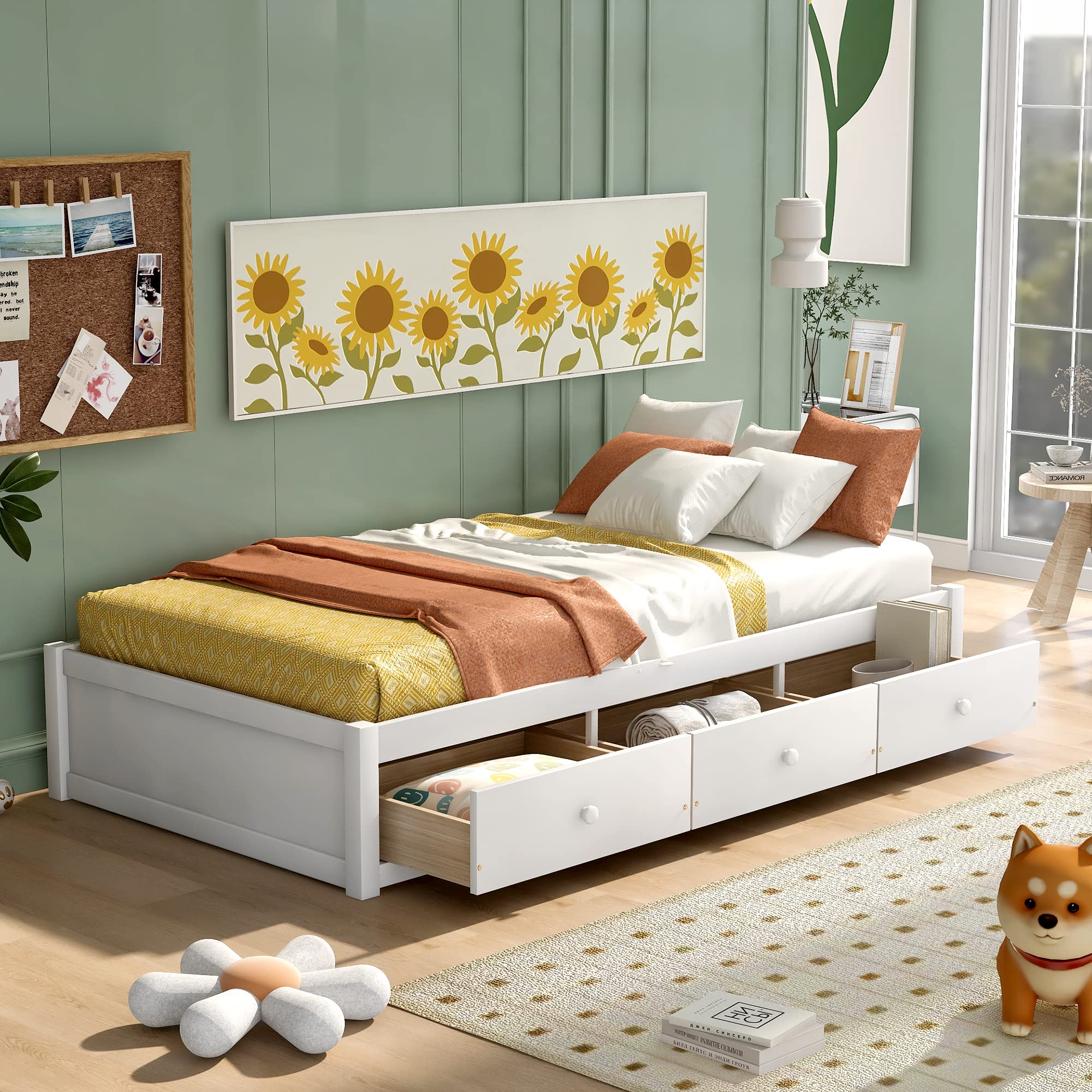 Merax Twin Size Platform Storage Bed with 3 Drawers, White - Space-Saving Bed Frame with Underbed Storage for Small Bedrooms, Dorms & Apartments