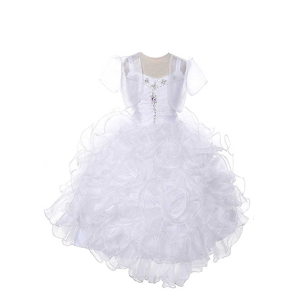 White Rose Ruffled Corset Organza Pageant Dress for Girls Size 12 - Perfect for Flower Girl, First Communion, and Special Occasions