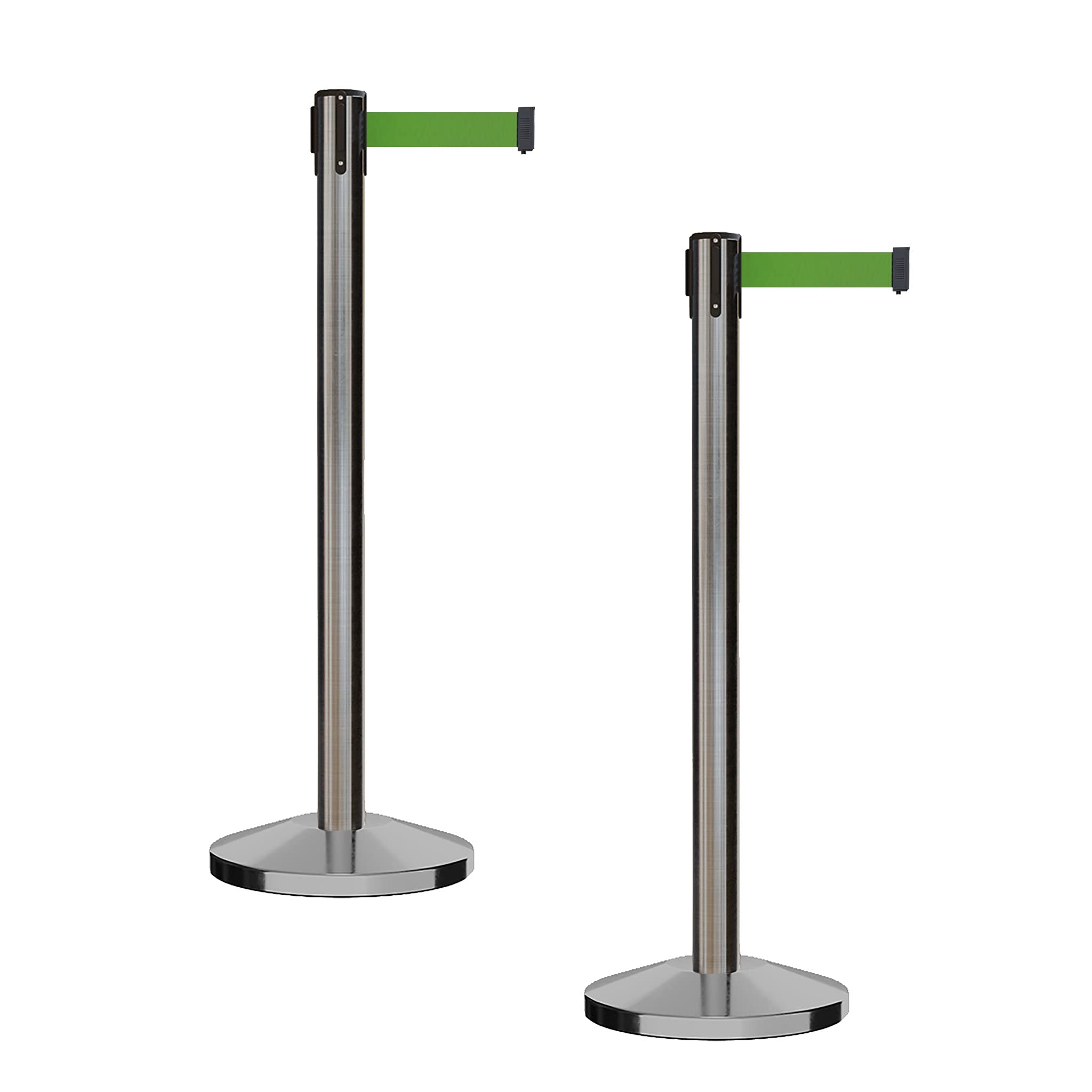 CCW Series RBB-100 Retractable Belt Barrier Set - 2 Pack with 7.5ft Green Belt & Satin Stainless Steel Posts for Crowd Control, Queue Management, and Event Safety