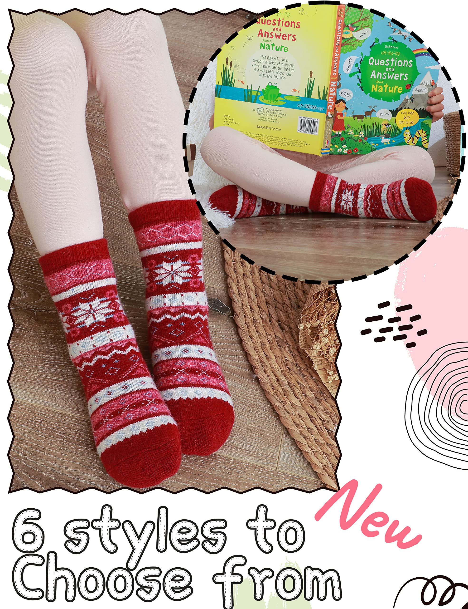 EBMORE Kids Merino Wool Socks for Toddlers - 6 Pairs Warm Thermal Winter Boot Socks for Boys & Girls, Soft & Cozy Hiking Crew Socks - Perfect for Outdoor Adventures, School & Cold Weather