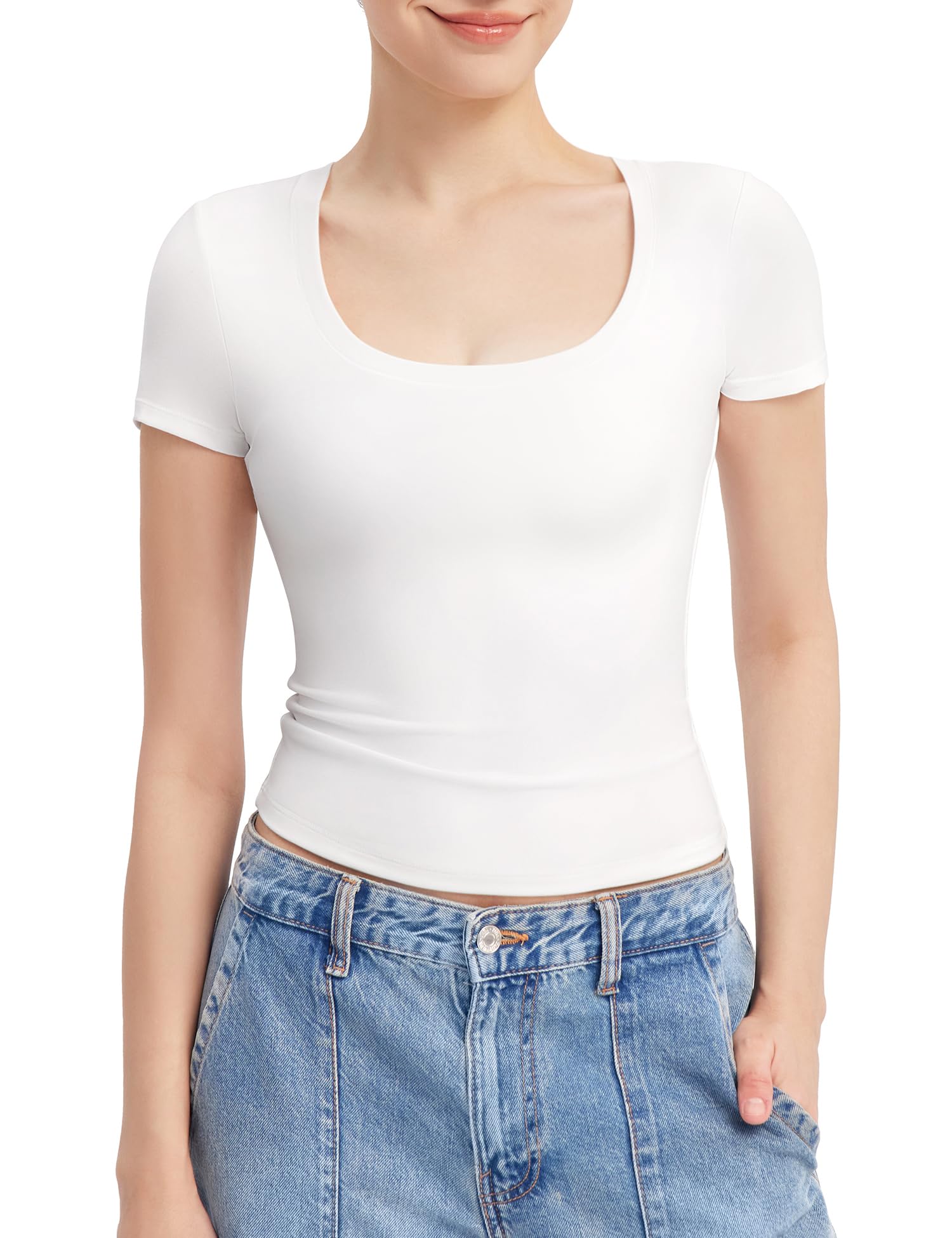 PUMIEY Women's Short Sleeve Scoop Neck T-Shirt - Slim Fit Basic Tee Top for Casual Wear, Going Out & Everyday Fashion | Smoke Cloud Pro Collection | Perfect for Work, Weekend & Summer Outfits