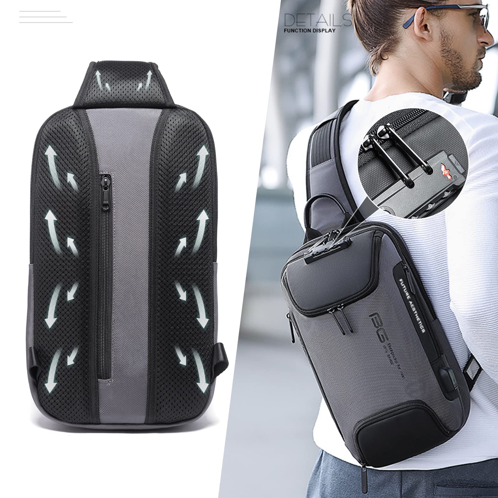 iubest Anti Theft Sling Bag for Men - USB Charging Port & TSA Lock Waterproof Crossbody Backpack - Lightweight Casual Daypack for Travel, Work, Gym & Outdoor Activities (Grey)