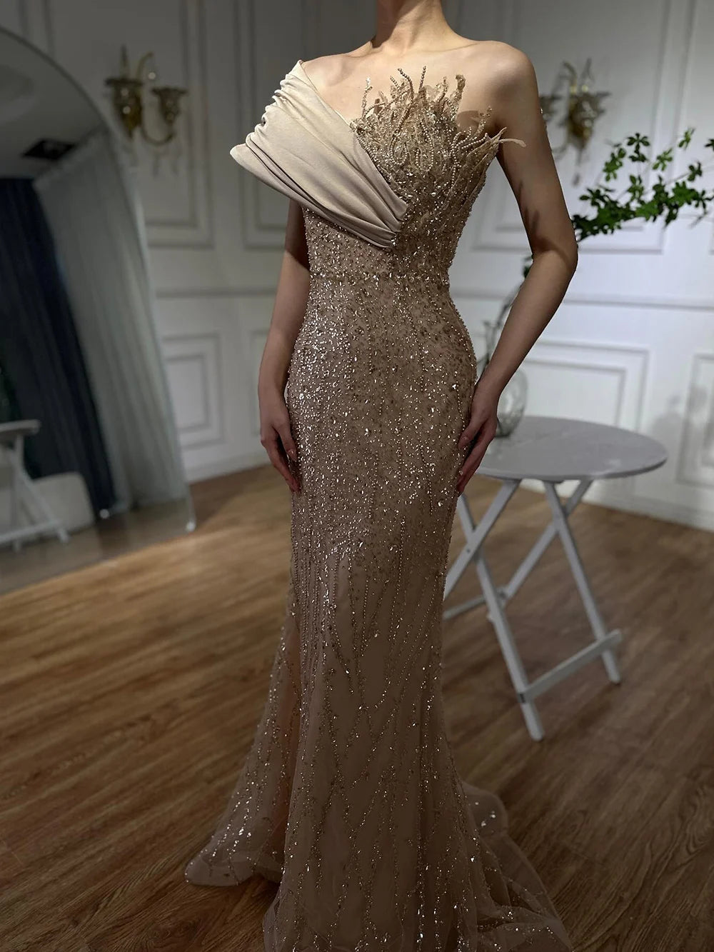 Elegant One Shoulder Beaded Evening Gown - Dubai Inspired Caramel Arabic Dress for Formal Occasions & Special Events - LA72577 | Perfect for Weddings, Galas and Red Carpet Events