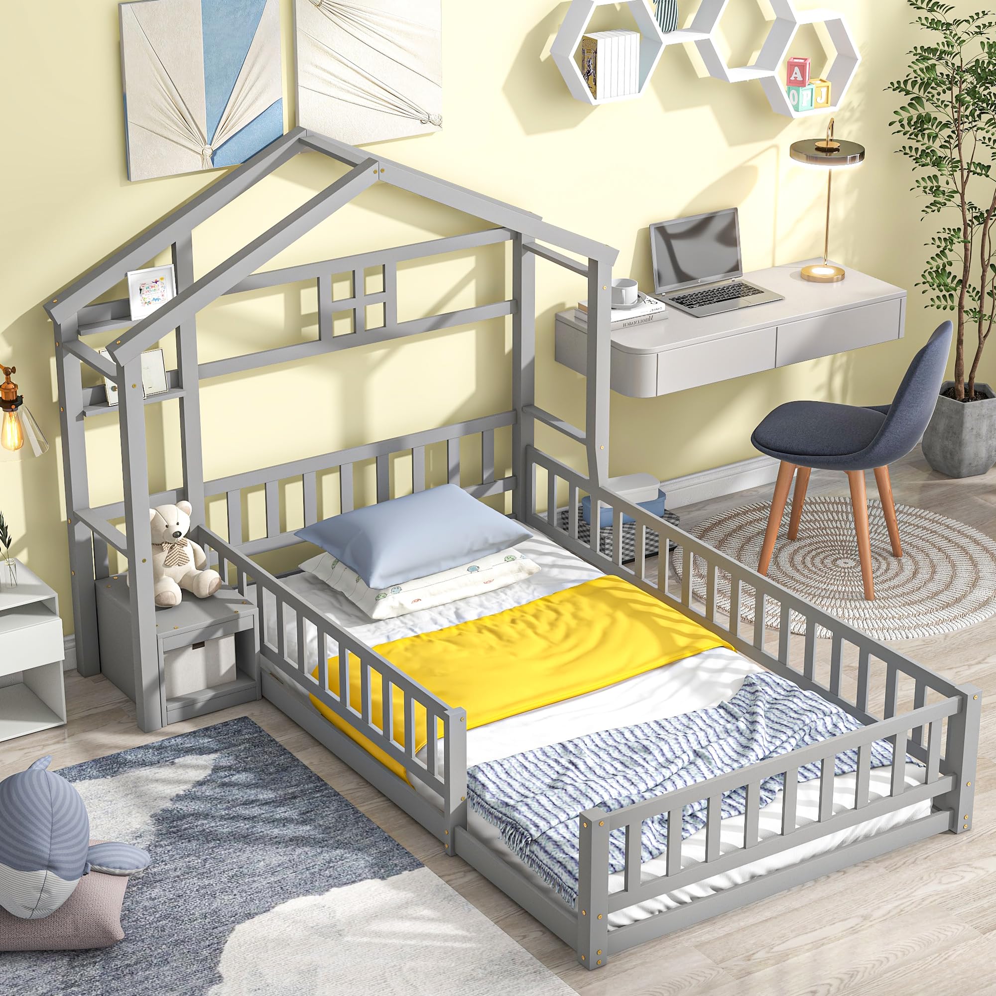 MERITLINE Twin Size Wooden Montessori Floor Bed with Safety Rails & Storage - No Box Spring Needed, Gray - Perfect for Kids' Room, Playroom & Montessori Learning Spaces