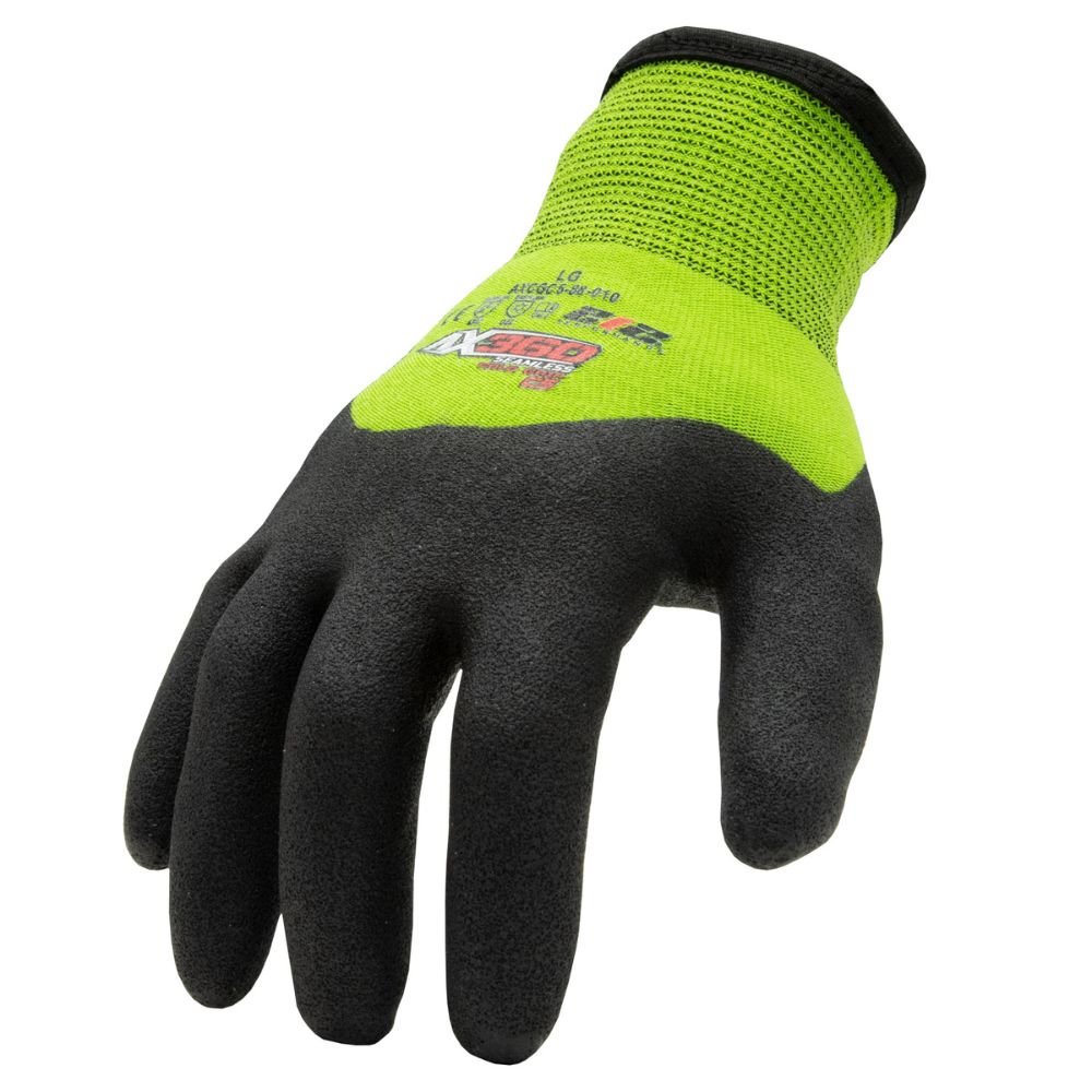 212 Performance AXCGC5 88 009 AX360 Seamless Cut Resistant Nitrile Dipped Gloves - EN Level 5 Protection, Medium Green/Black - Cold Weather & Hi-Vis Safety Gloves for Construction, Warehouse, and Outdoor Work