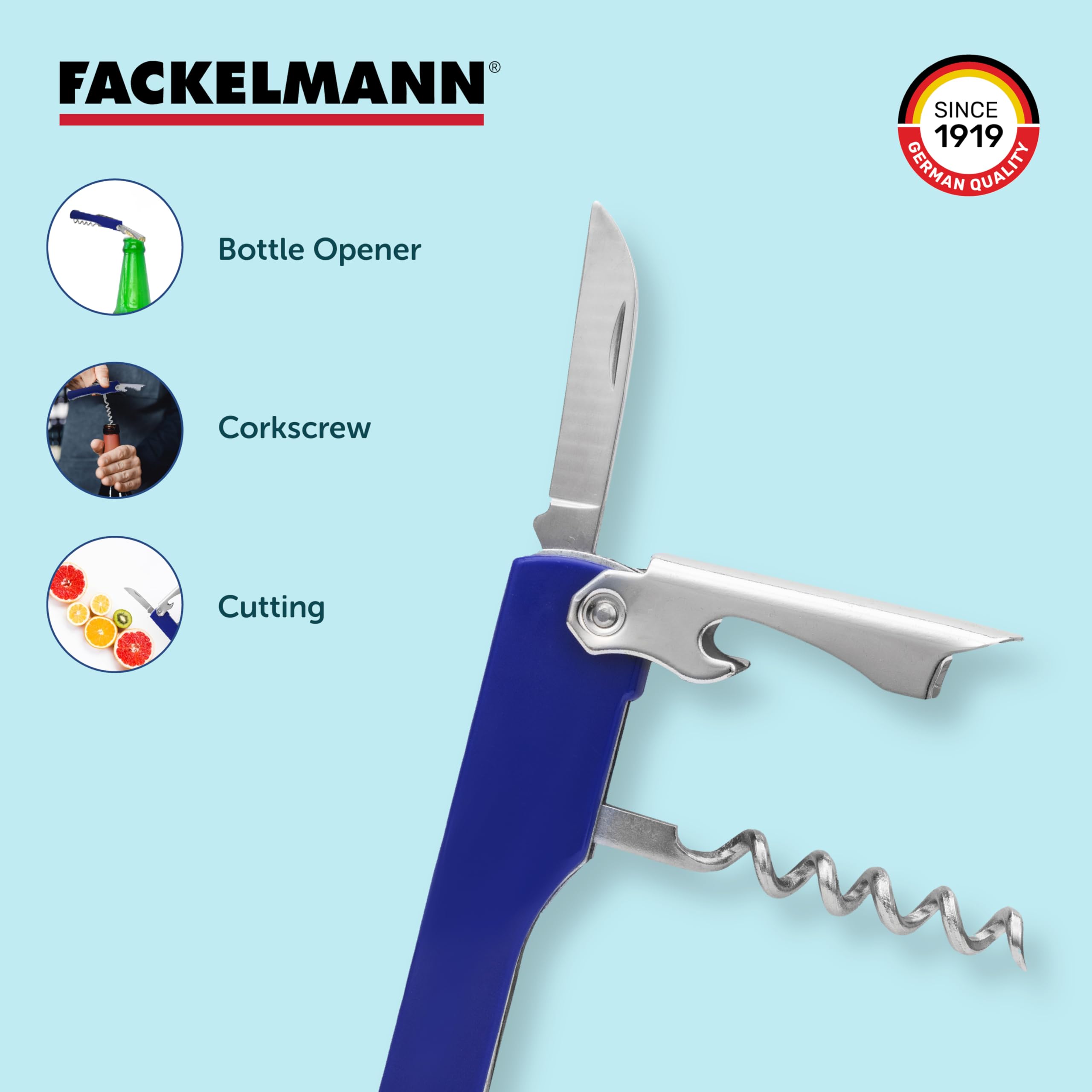 Fackelmann Professional Sommelier Corkscrew with Foil Cutter & Bottle Opener - Stainless Steel Wine Opener for Restaurants, Bars & Home Use