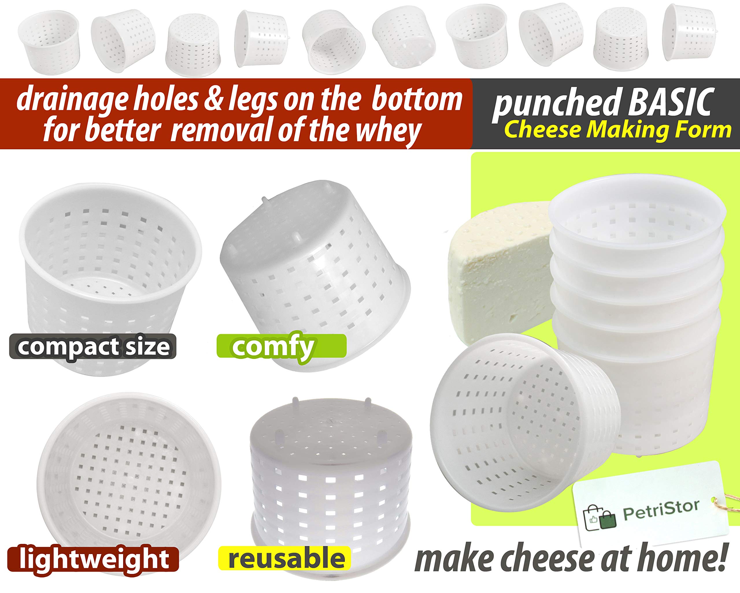PetriStor 10-Piece Small Cheese Mold Set for Homemade Cheese Making - 1/3 qt Soft Cheese Molds for Cream Cheese, Feta & Queso Fresco - Perfect for DIY Cheese Kits, Artisan Cheesemaking & Home Kitchen Use
