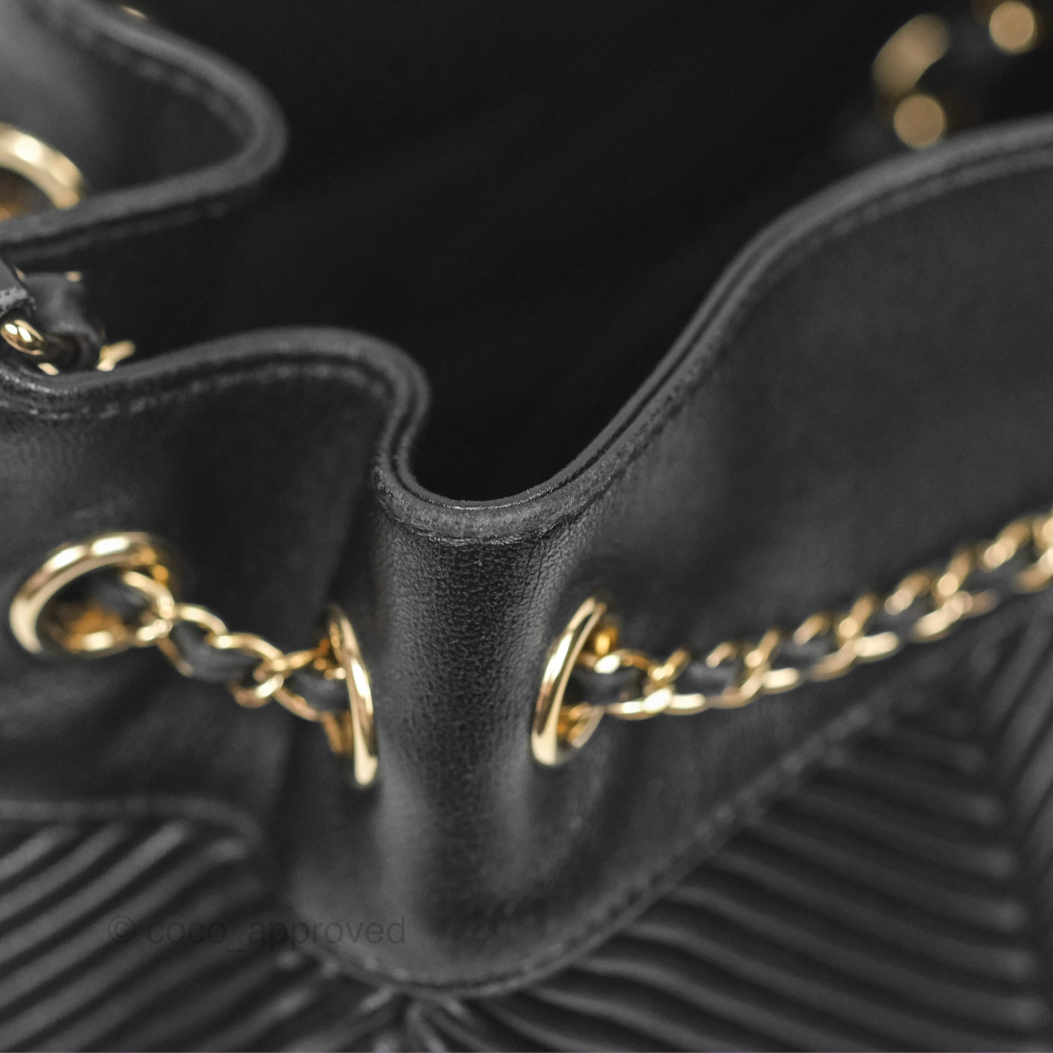 Chanel CC Chain Drawstring Bucket Bag Chevron Black Lambskin Gold Hardware - Luxury Crossbody Shoulder Bag for Women, Perfect for Parties, Date Nights & Special Occasions