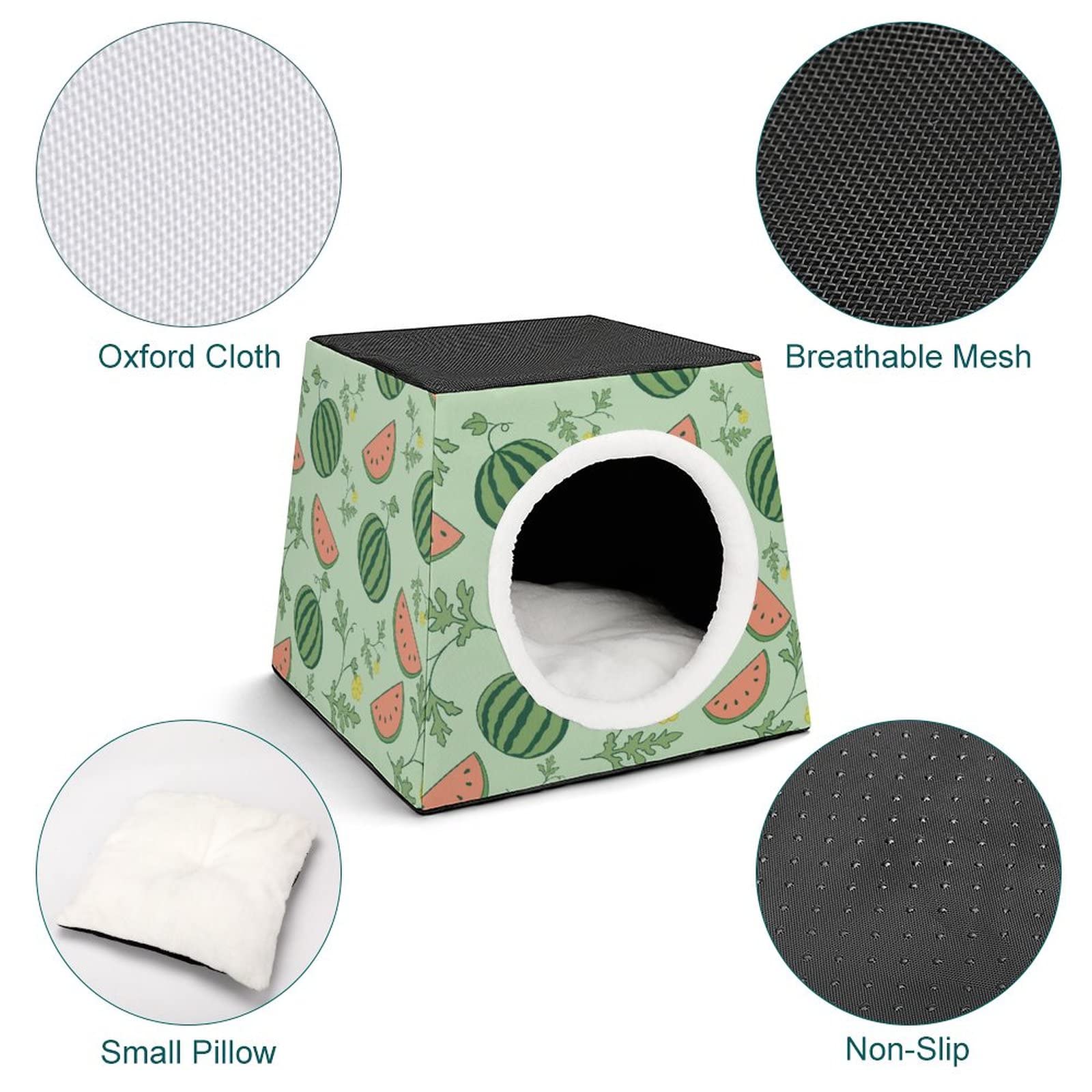 3-in-1 Foldable Cat House with Removable Cushion - Cat Bed, Sofa & Scratching Toy - Watermelon Vine Design for Indoor Cats - Perfect for Lounging, Sleeping & Playtime