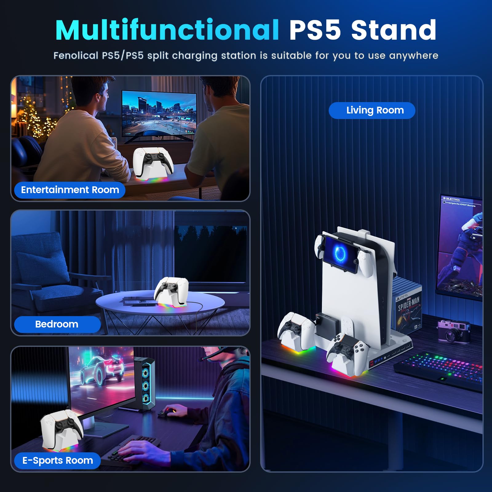 RGB Cooling Stand for PS5/PS5 Slim with LED Lights - PS5 Accessories Includes PS5 Controller Charger, Headset Holder & Vertical Stand - Fast 2-Hour Charging for PS5 Gaming Setup & Entertainment Center