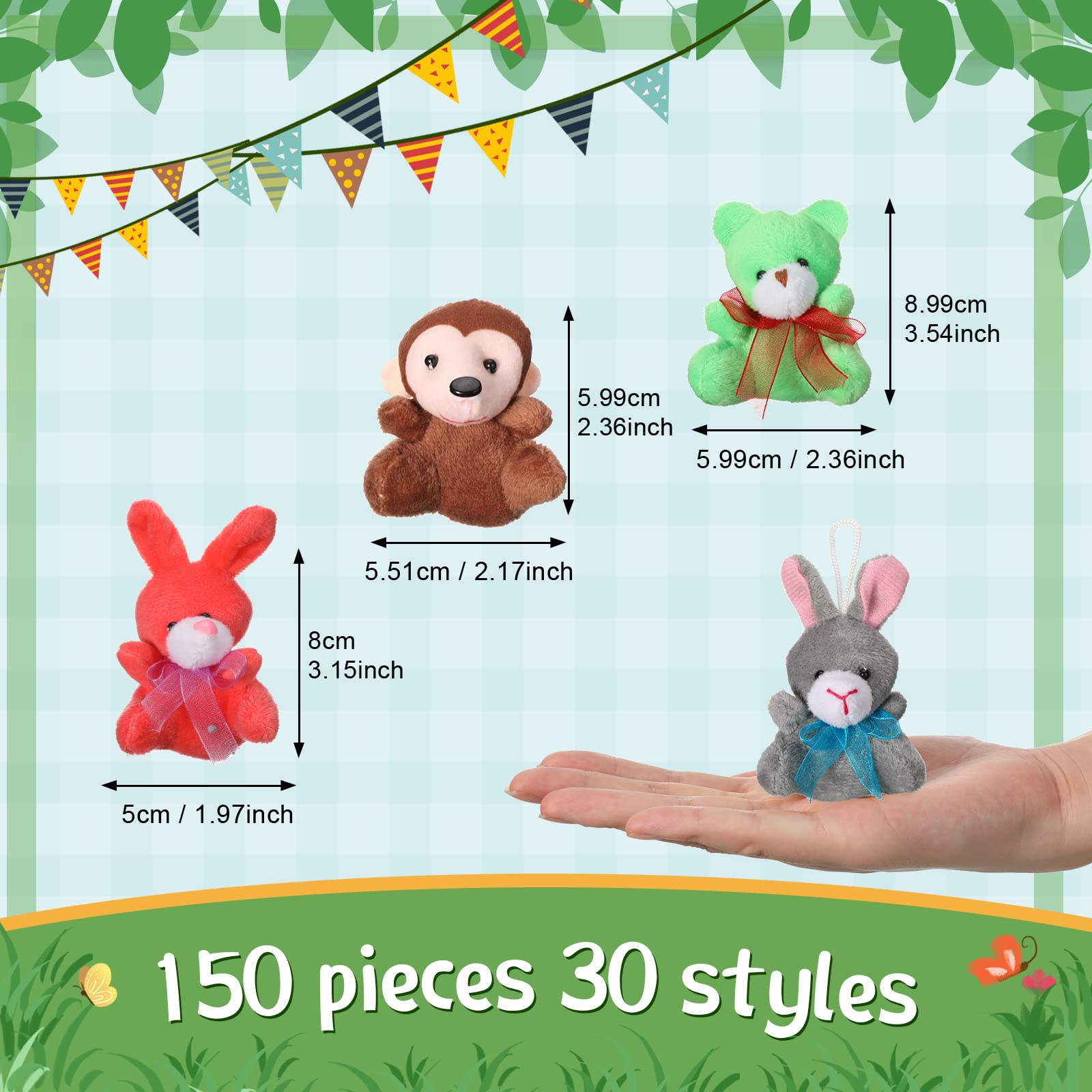 150 Pcs Mini Stuffed Animal Toys Bulk - 2.4 Inch Small Plush Keychain Assortment Set for Kids Party Favors, Goodie Bag Fillers, Carnival Prizes - Perfect for Birthday Parties, Classroom Rewards & Baby Shower Gifts
