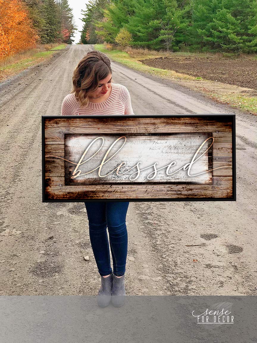 Blessed Sign Religious Wall Decor - Christian Framed Canvas Art with Floating Frame (42x19 Inches, Brown & Black) - Perfect for Living Room, Bedroom & Church Décor