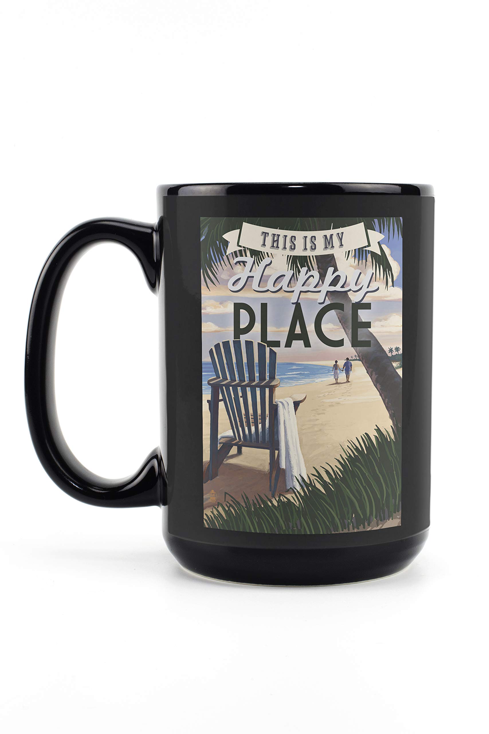 Lantern Press 'This is My Happy Place' 15oz Black Ceramic Mug - Adirondack Chair Sunset Design - Microwave & Dishwasher Safe Coffee & Tea Cup - Perfect for Home, Office, Camping & Gifts