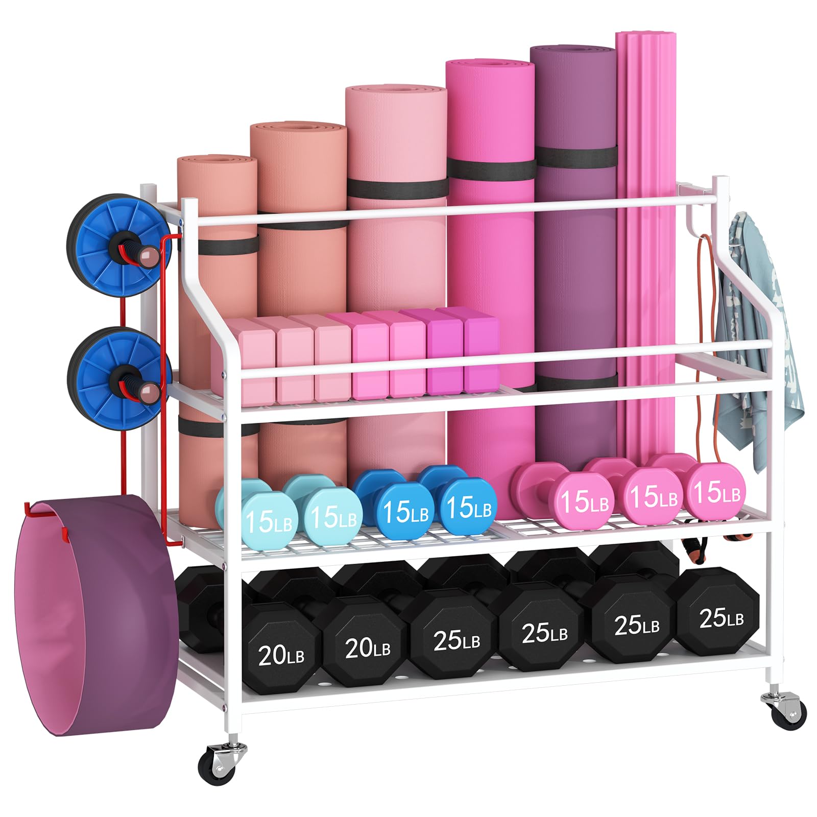 VILAWLENCE Yoga Mat Storage Rack Cart - Multifunctional Home Gym Organizer for Dumbbells, Kettlebells & Jump Ropes - Large Capacity Exercise Equipment Storage Solution for Yoga Mats, Weights & Fitness Gear - Perfect for Home Gym Organization & Workout Space Optimization